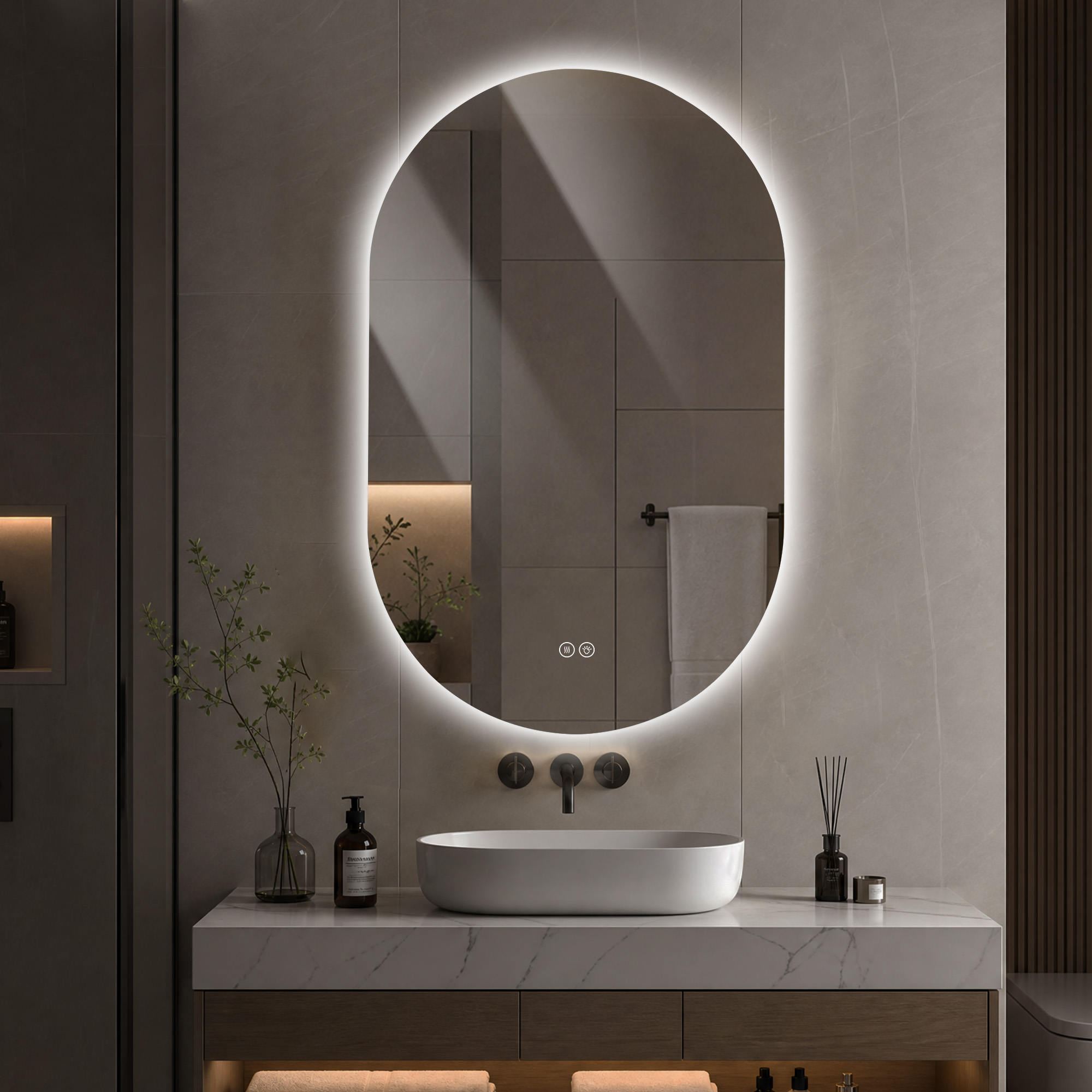 Miroir de salle de bains LED, éclairage LED, fonction anti-buée, 3 températures de couleur, intensité réglable, 80 x 50 x 3 cm, verre trempé, argenté - vue 1