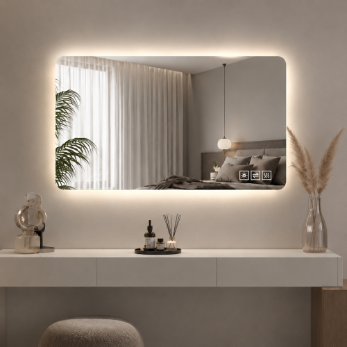 Miroir de salle de bain LED 60 x 100 cm argenté avec éclairage réglable, anti-buée et verre sécurisé