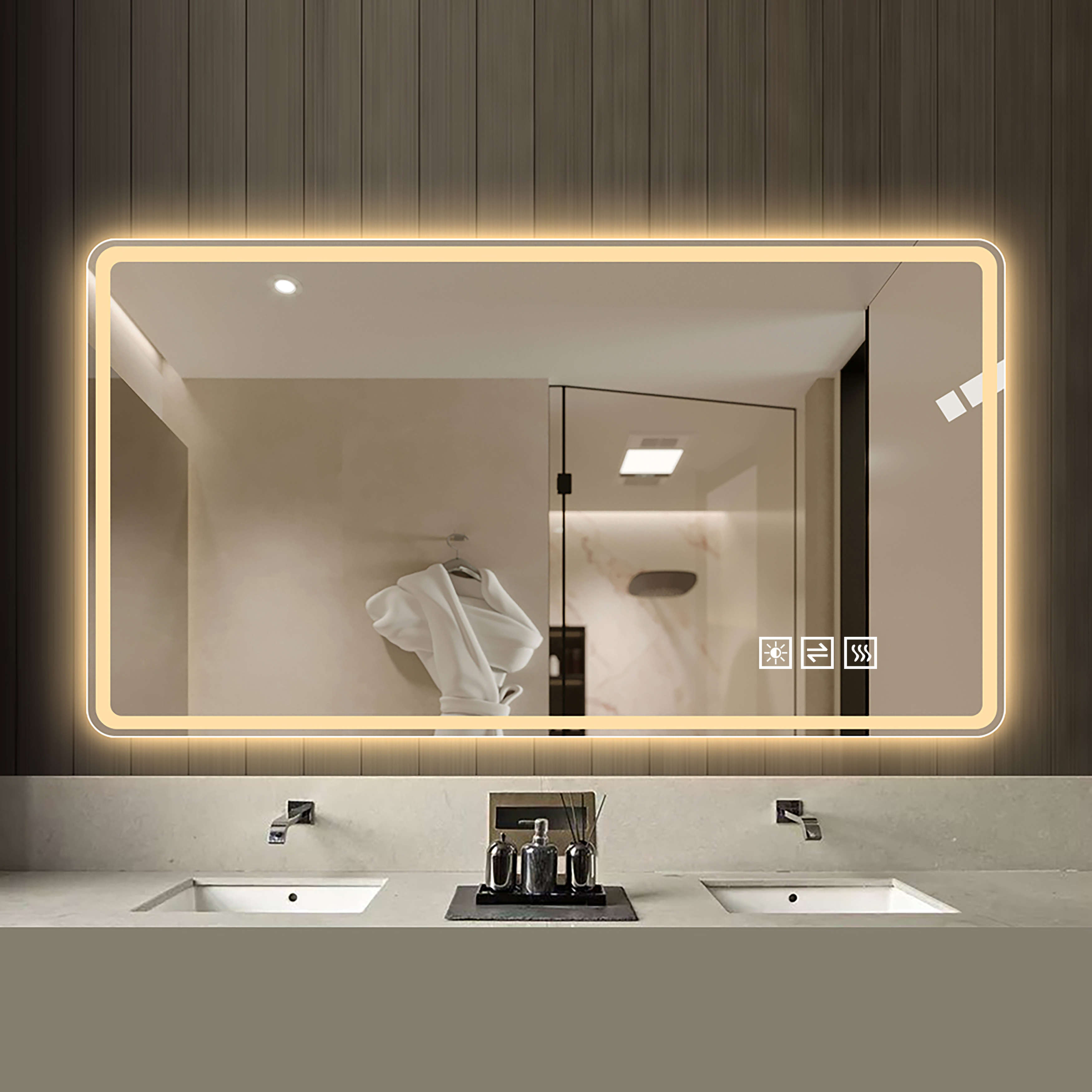 Meuble vasque de salle de bains, éclairage led, fonction anti-buée, intensité réglable, 100 x 60 x 2,5 cm, verre trempé et métal, argenté - vue 3