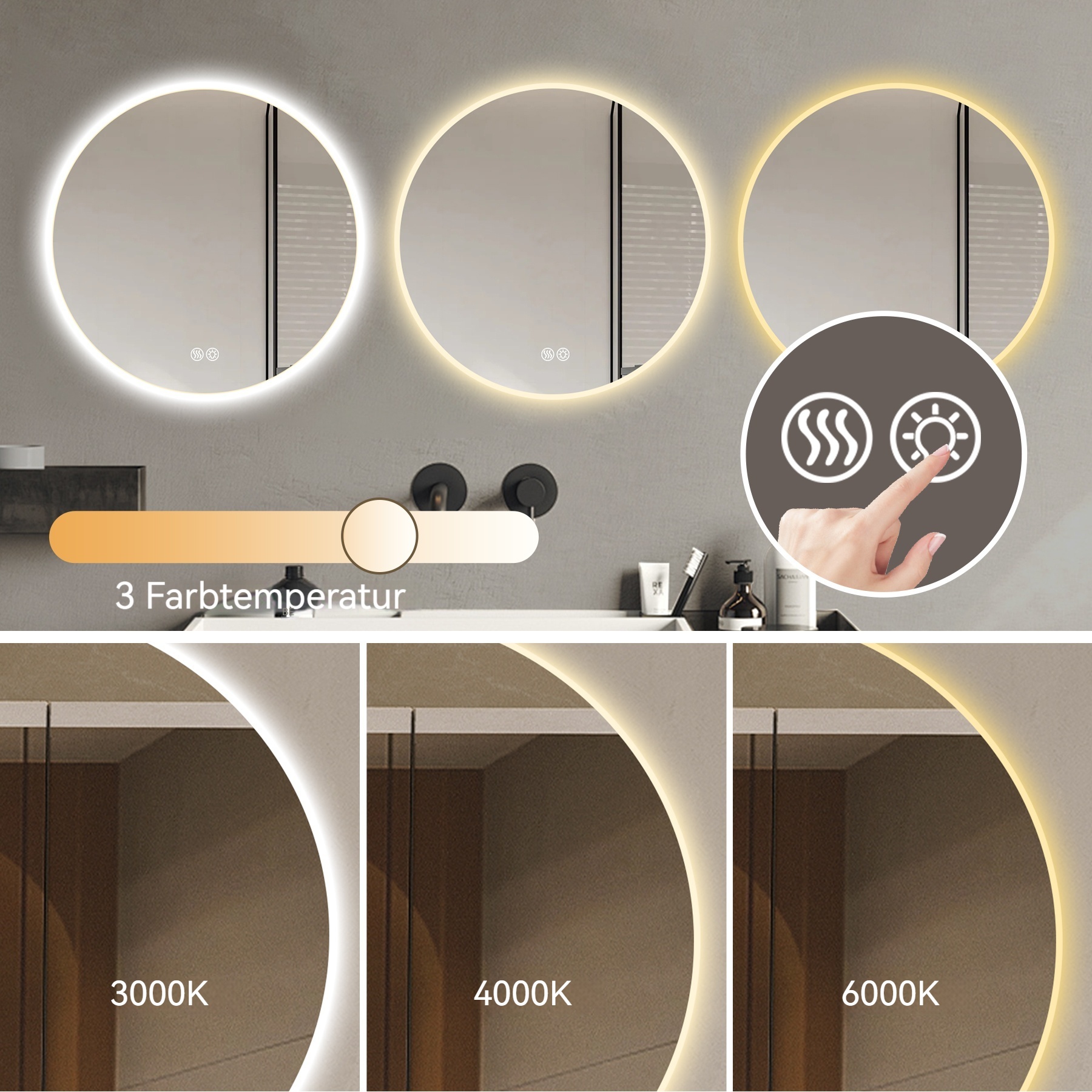 Miroir lumière changeante trois couleurs température de couleur réglable