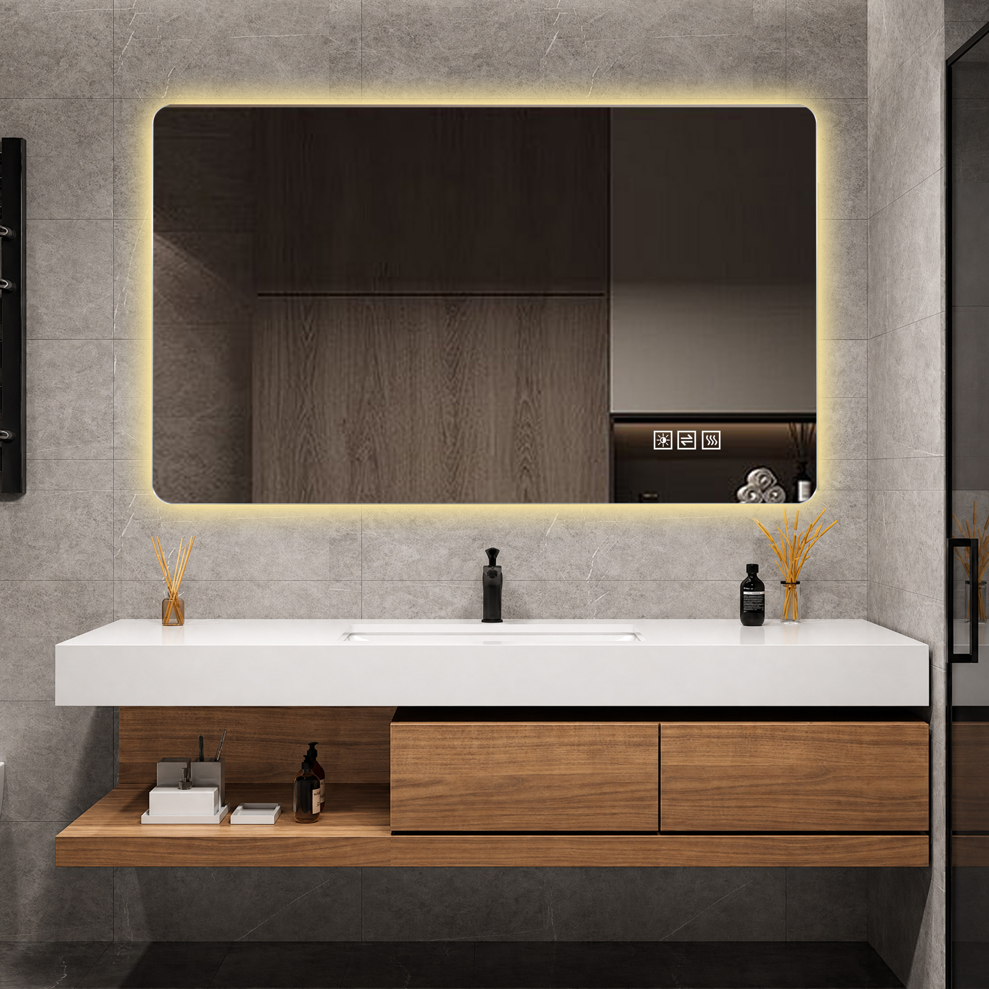 Miroir de salle de bains LED, éclairage led, intensité réglable, mousse à mémoire, 100 x 60 x 2,9 cm, verre trempé et métal, argenté - vue 3
