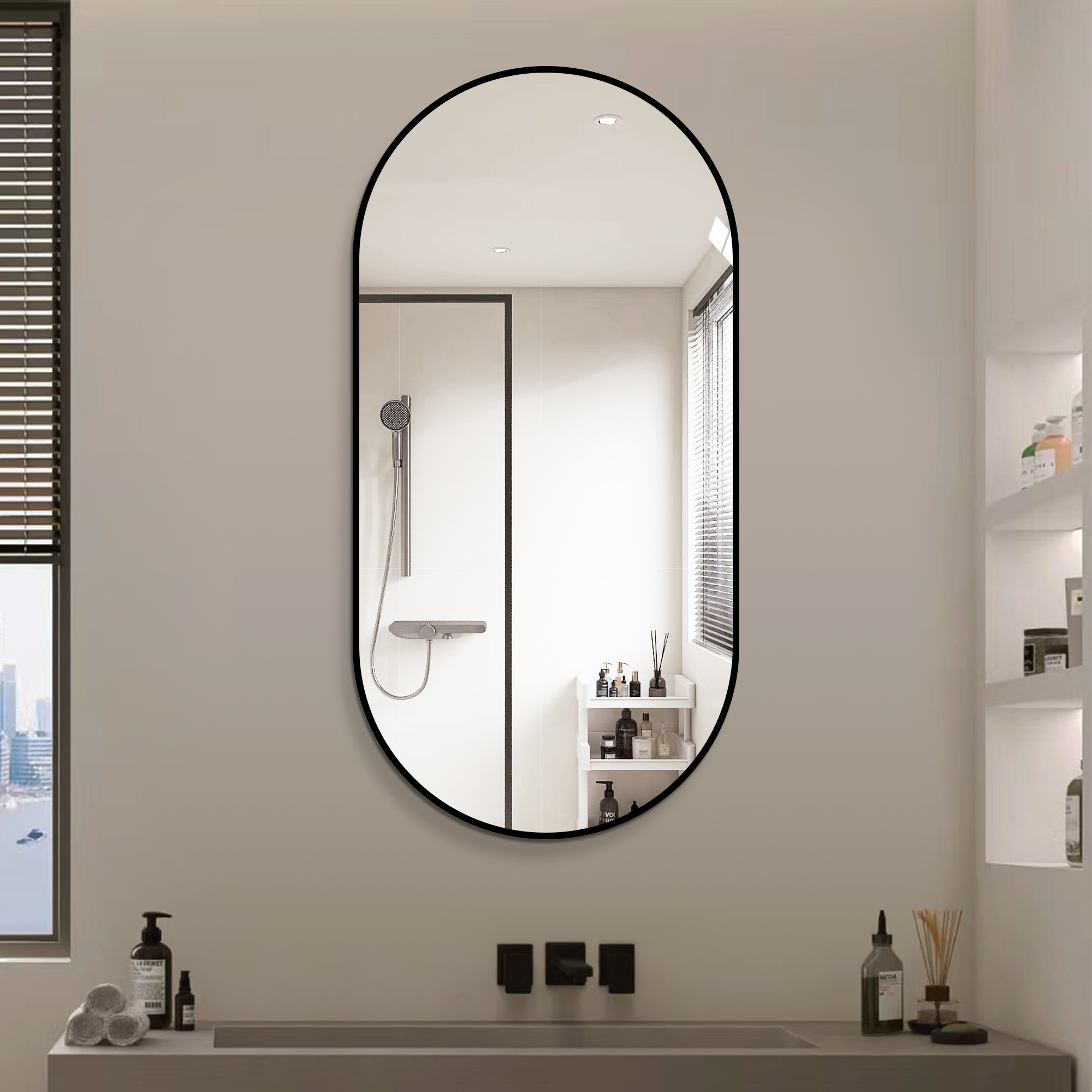 Miroir de salle de bains arche 60 x 120 cm, cadre aluminium noir, verre HD sans cuivre, film de sécurité - vue 1