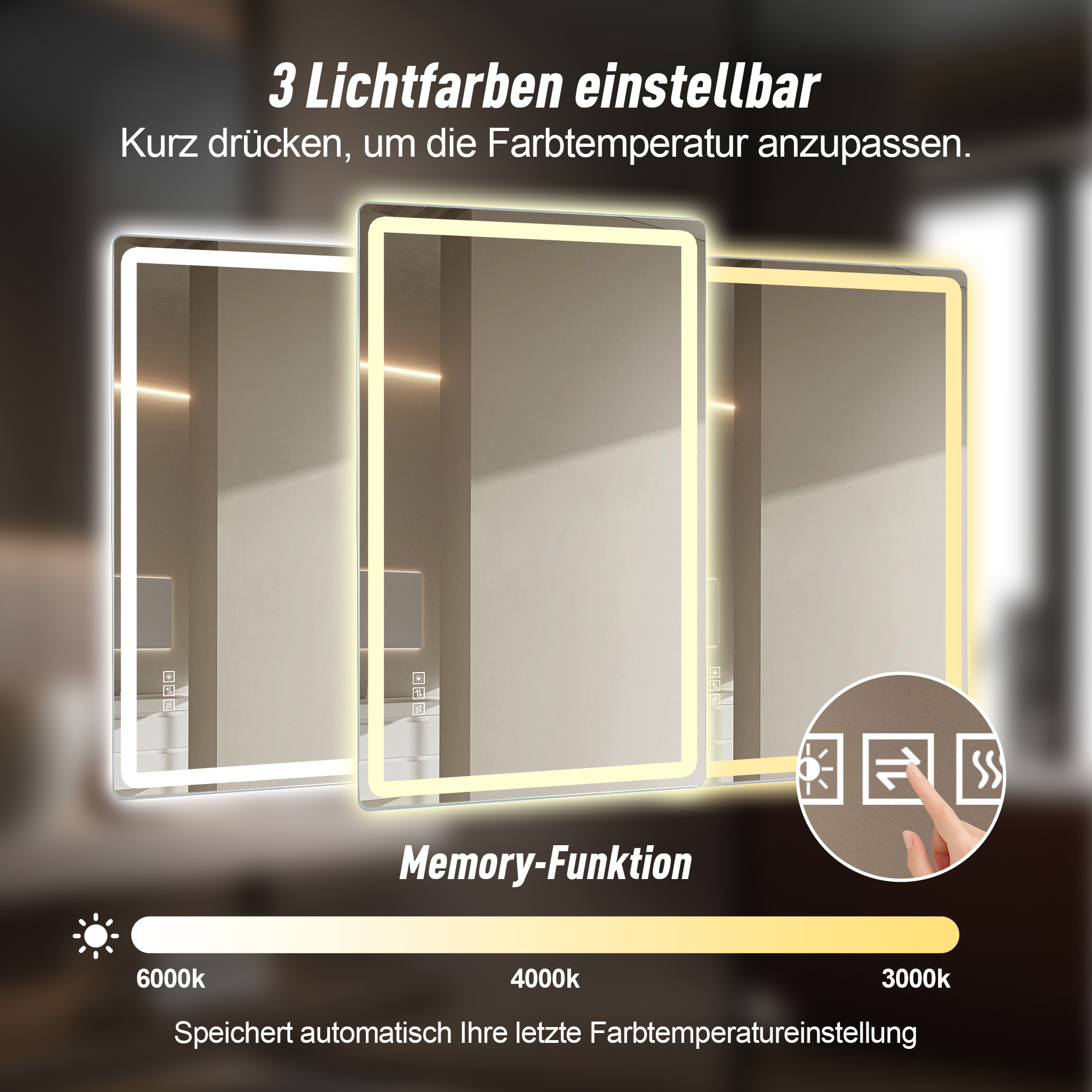 Meuble vasque de salle de bains, éclairage led, fonction anti-buée, intensité réglable, 100 x 60 x 2,5 cm, verre trempé et métal, argenté - vue 5
