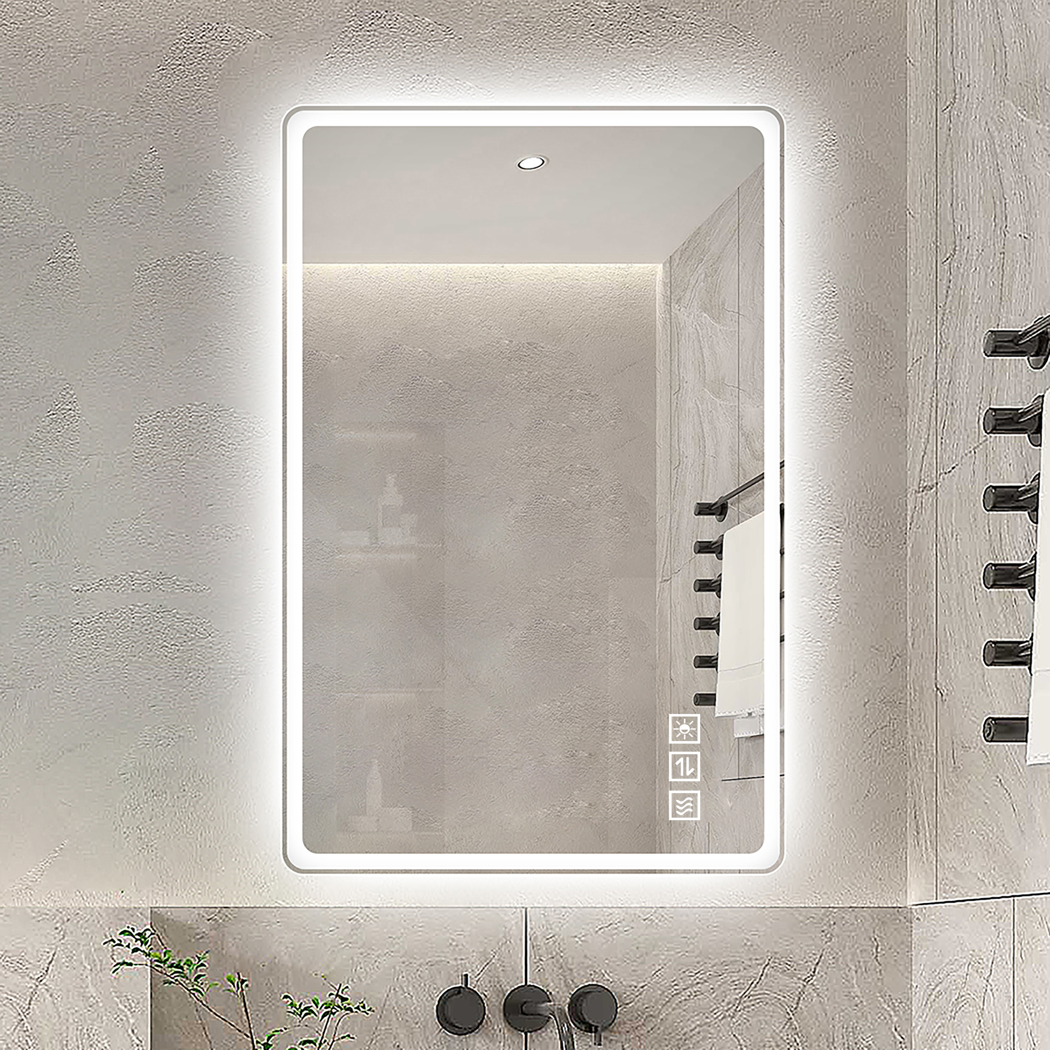 Miroir de salle de bains LED, éclairage led, intensité réglable, mousse à mémoire, 120 x 60 x 2,9 cm, verre trempé et métal, argenté - vue 4