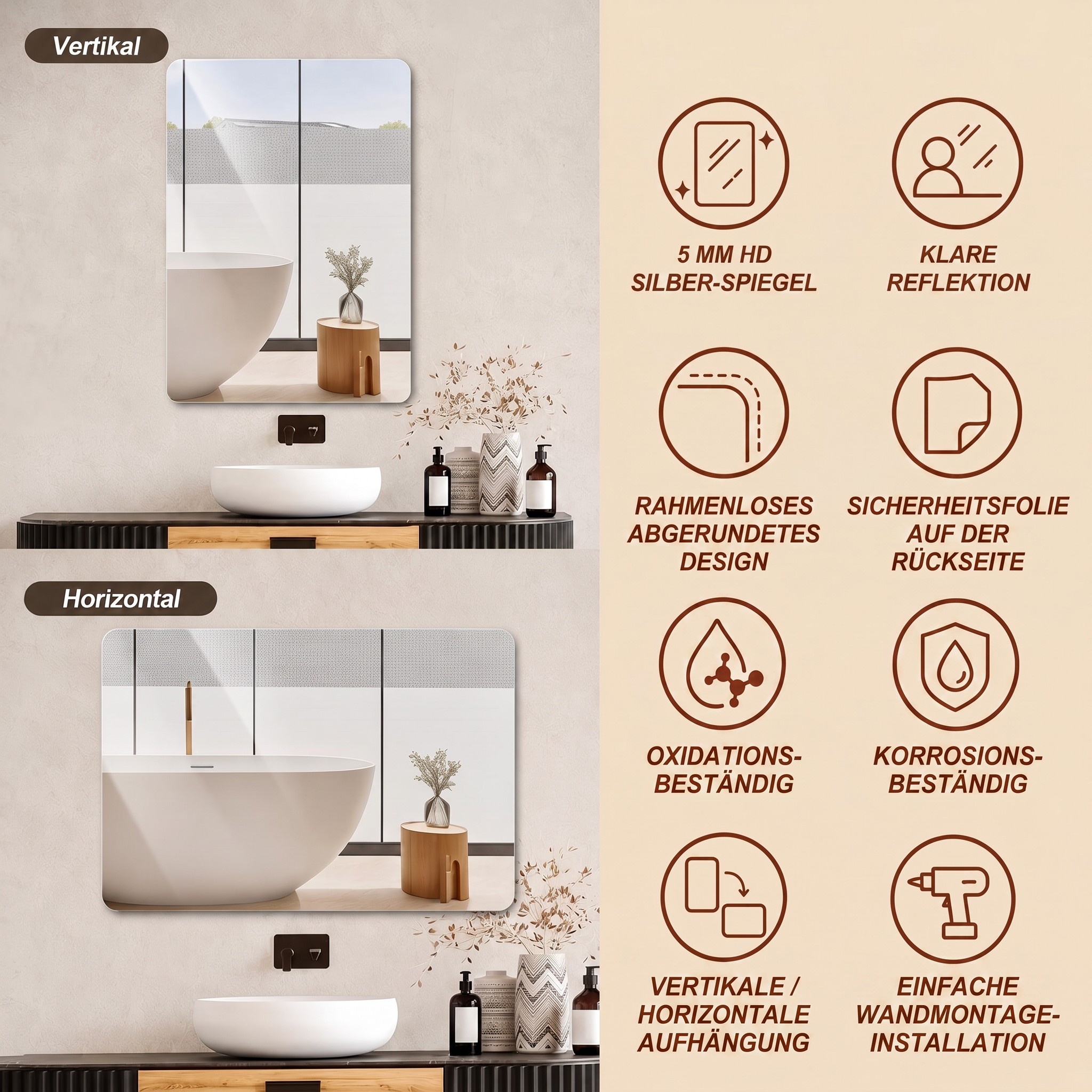Miroir sans‑cadre coins arrondis R50 80x60cm