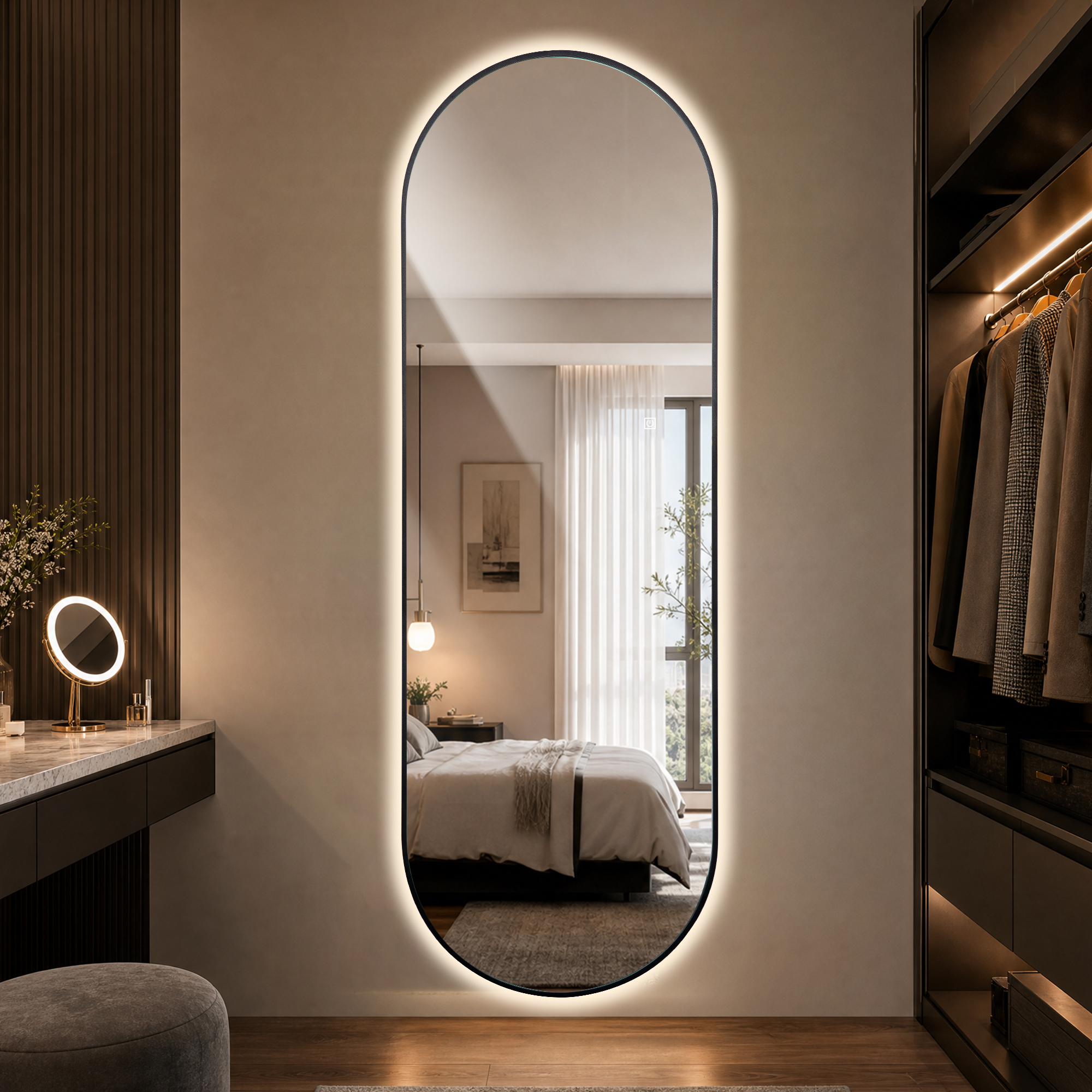 Miroir LED pleine longueur 150x50 cm avec cadre aluminium noir et éclairage arrière