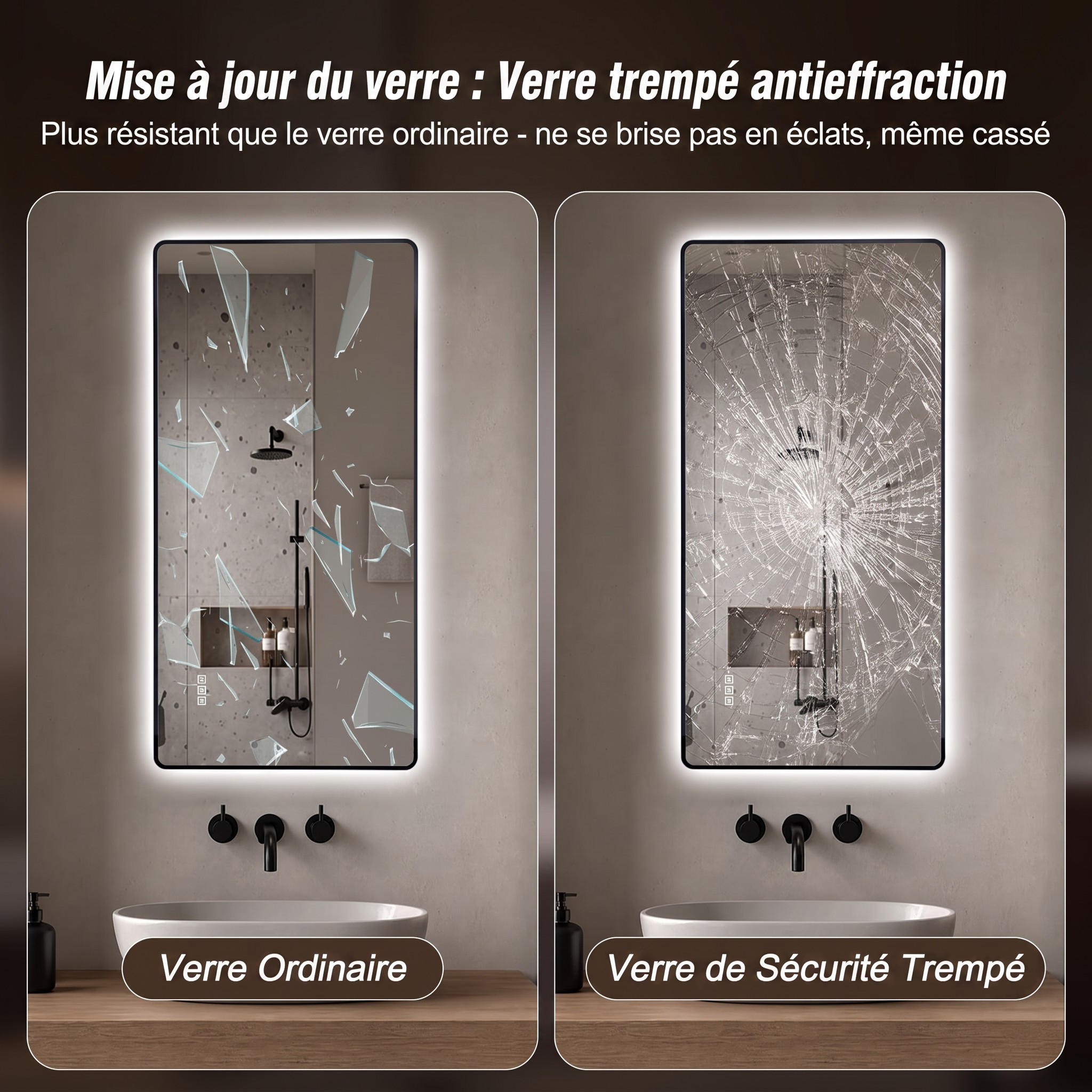 Miroir de salle de bains LED, éclairage LED, fonction anti-buée, 3 températures de couleur, intensité réglable, 120 x 60 x 3 cm, métal et verre trempé, argenté - vue 8