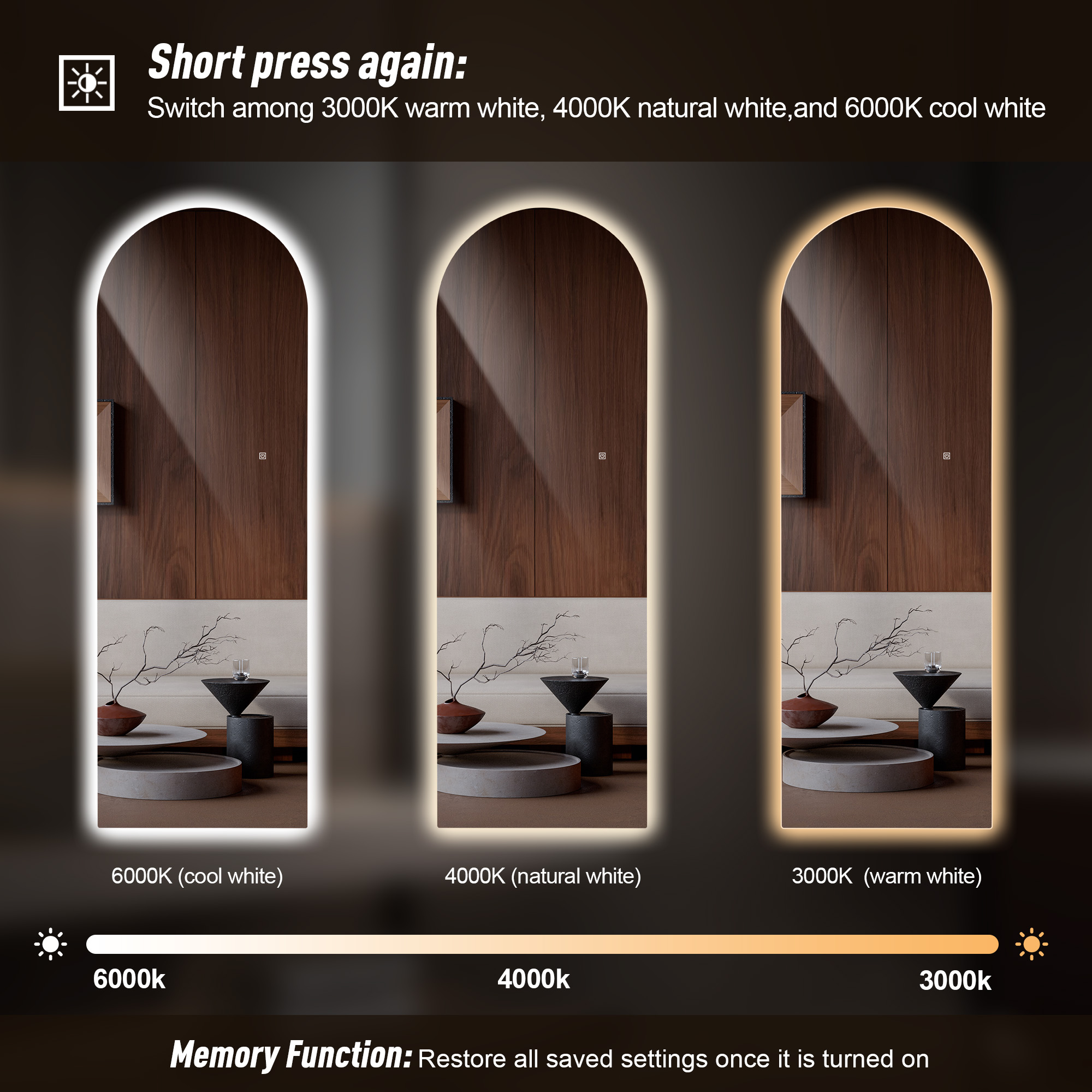 Miroir LED pleine longueur 165x50 cm forme arche avec éclairage arrière