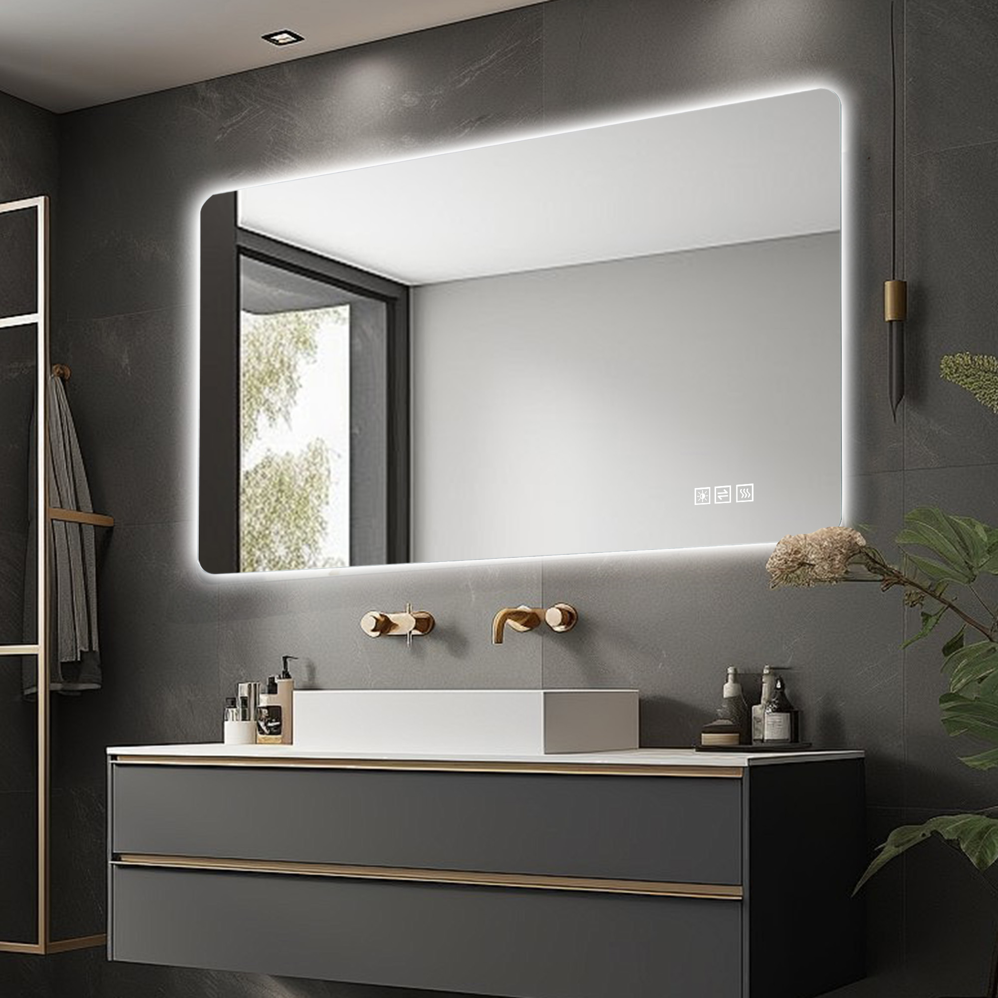 Miroir de salle de bains LED, éclairage led, intensité réglable, mousse à mémoire, 100 x 60 x 2,9 cm, verre trempé et métal, argenté - vue 4