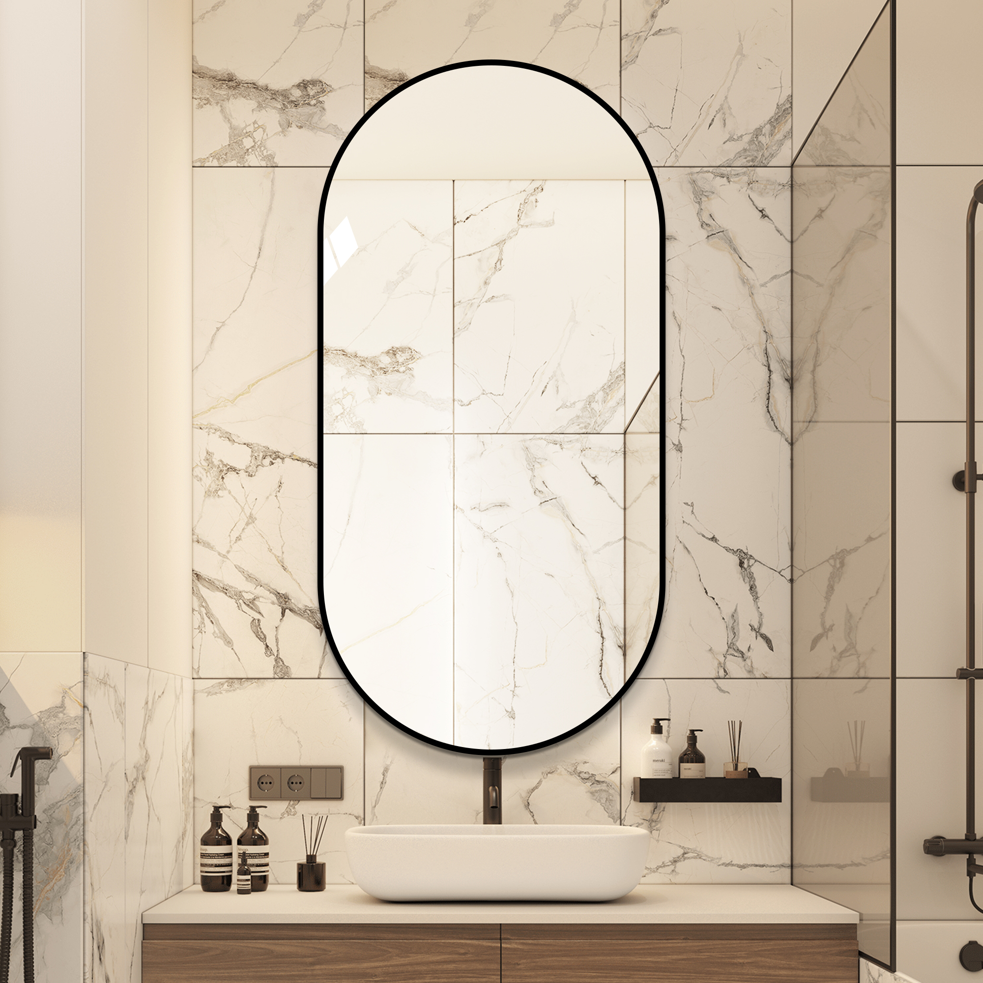 Miroir de salle de bains arche 60 x 120 cm, cadre aluminium noir, verre HD sans cuivre, film de sécurité - vue 2