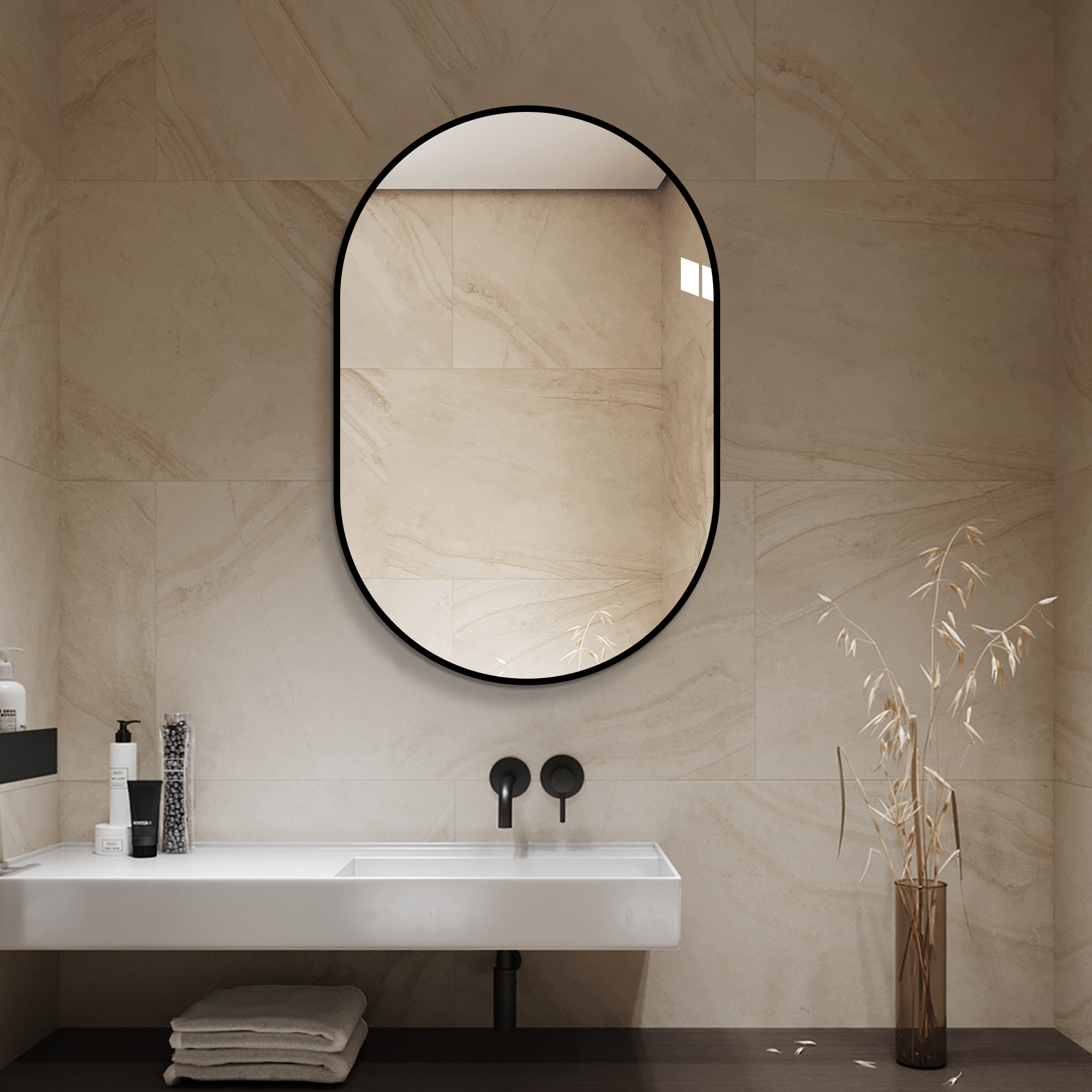 Miroir de salle de bains arche 60 x 90 cm, cadre aluminium noir, verre HD sans cuivre, film de sécurité - vue 1
