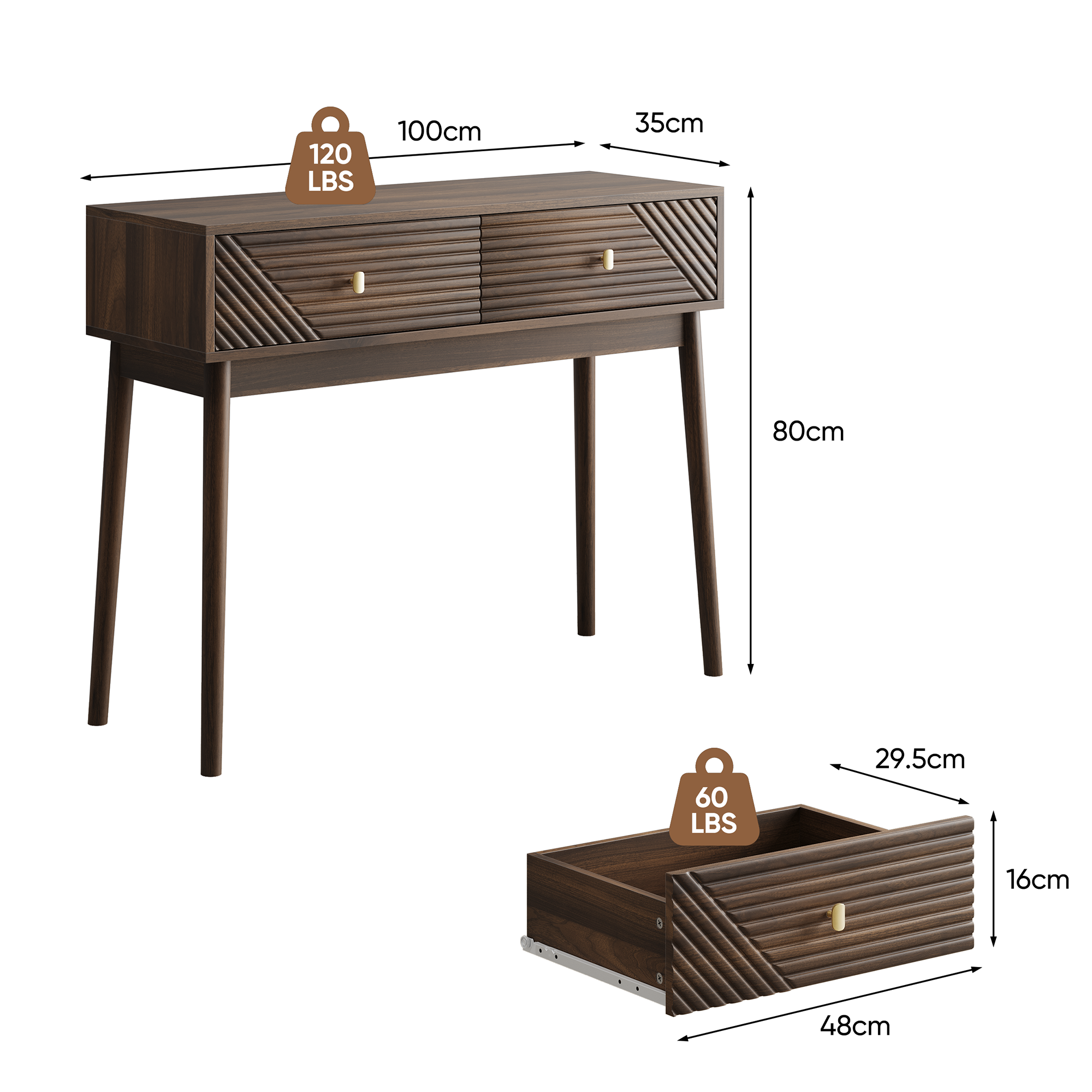Console avec rangement, 100 x 35 x 80 cm, MDF et panneaux de particules, noyer - vue 2