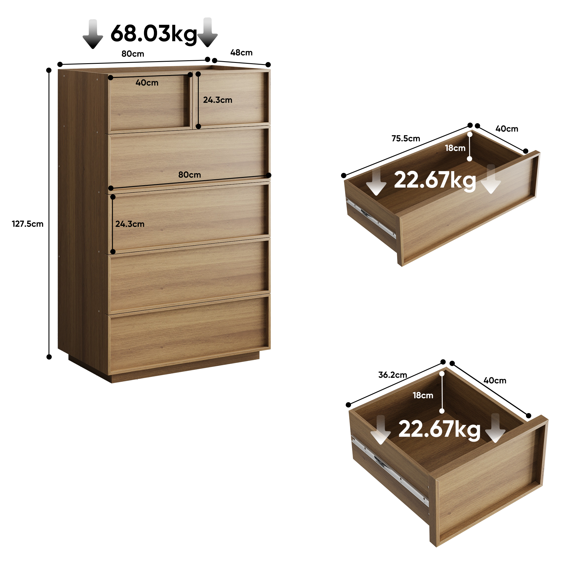 Commode, 6 tiroirs, 80 x 48 x 127 cm, MDF et panneaux de particules, chêne - vue 2