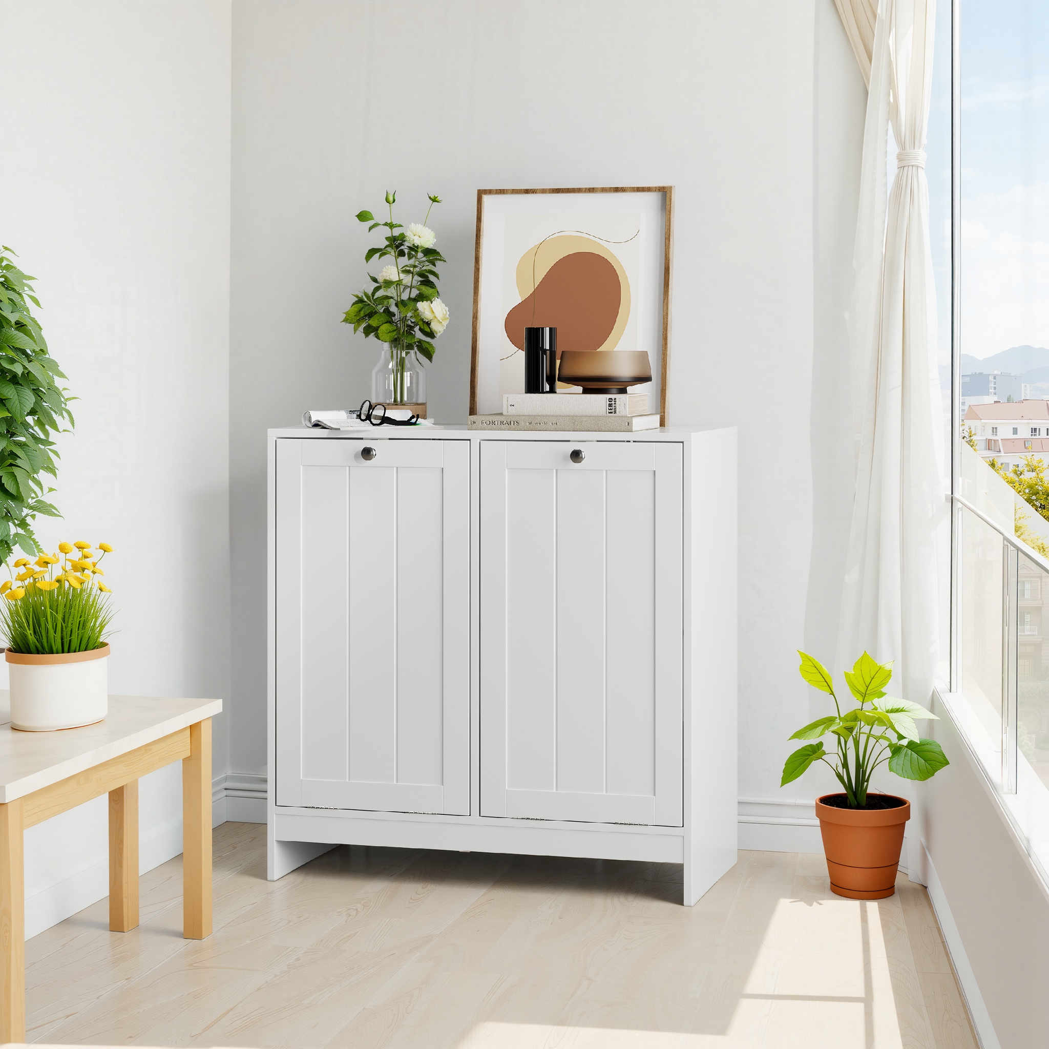 Meuble avec panier à linge, 66 x 33 x 68 cm, MDF et panneaux de particules, blanc - vue 8