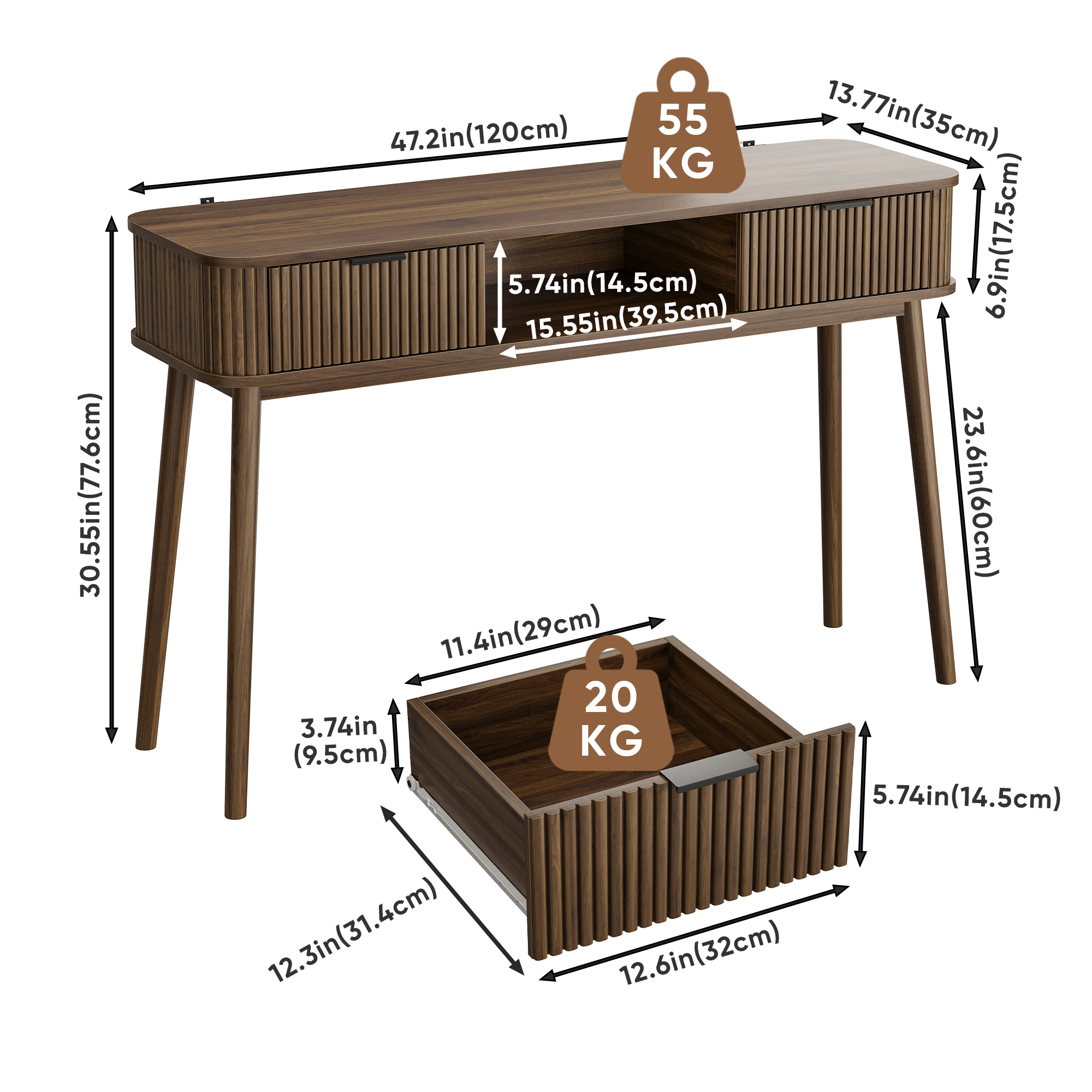 Bureau, avec tiroirs, 120 x 35 x 77,6 cm, panneaux de particules et MDF, noyer - vue 2
