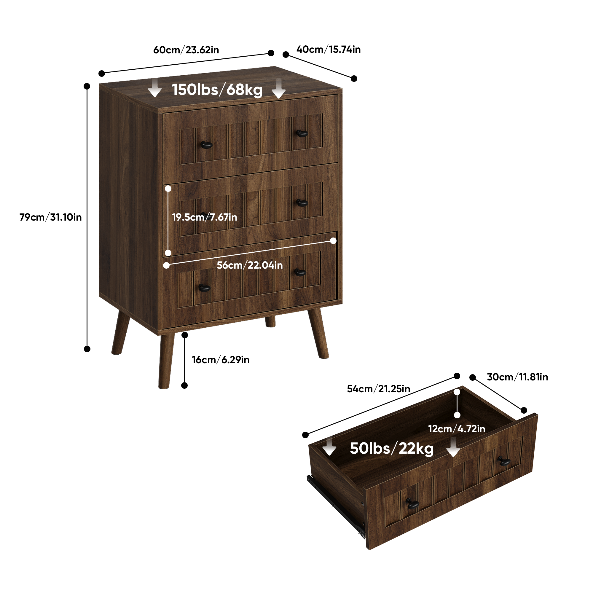 Armoire-penderie, avec tiroirs, 60 x 40 x 78 cm, bois et MDF, noyer - vue 1