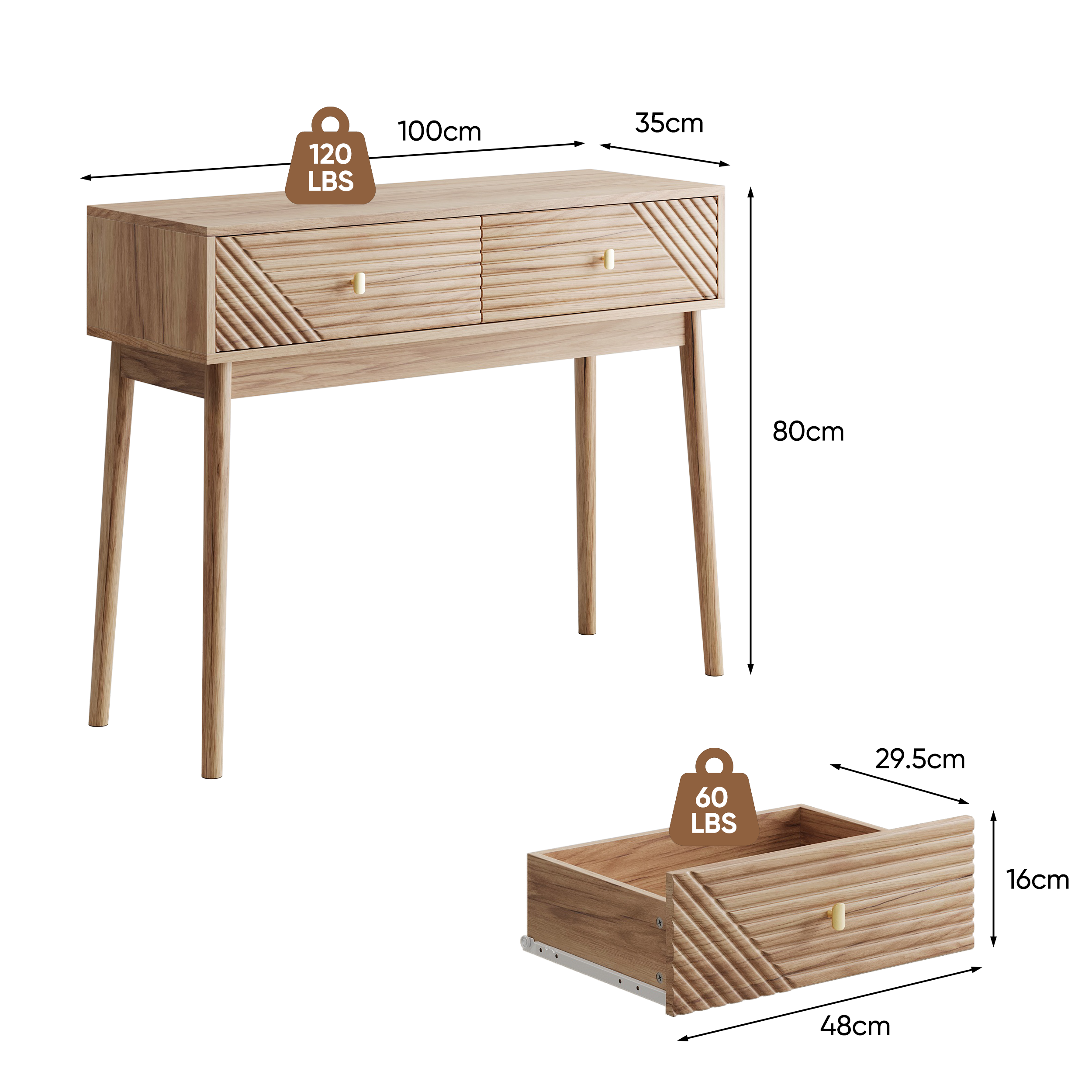 Console avec rangement, 100 x 35 x 80 cm, MDF et panneaux de particules, chêne - vue 2