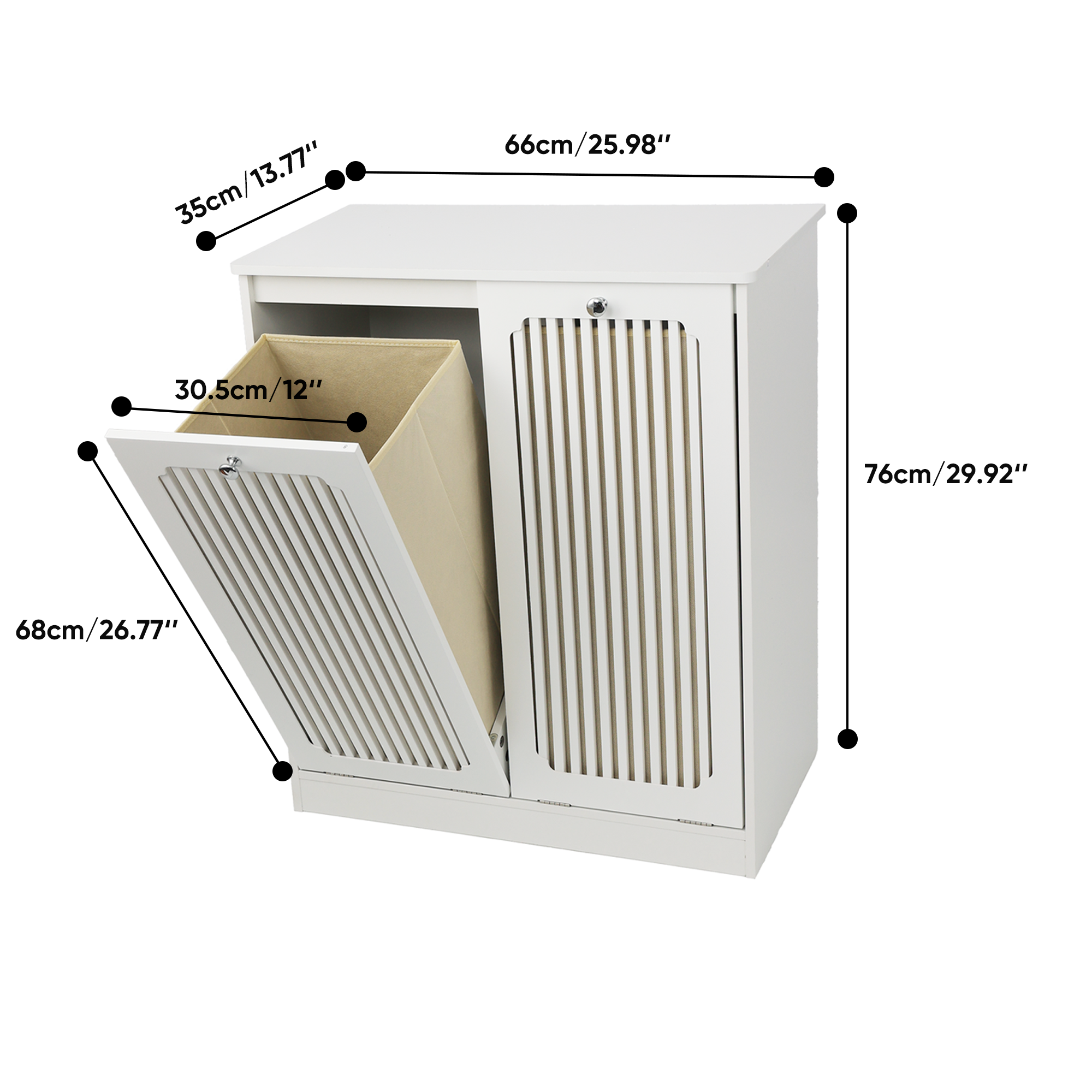 Meuble à linge 66 x 35 x 76 cm, 2 compartiments textiles, façade à lamelles basculante, MDF et panneaux de particules, Blanc - détails