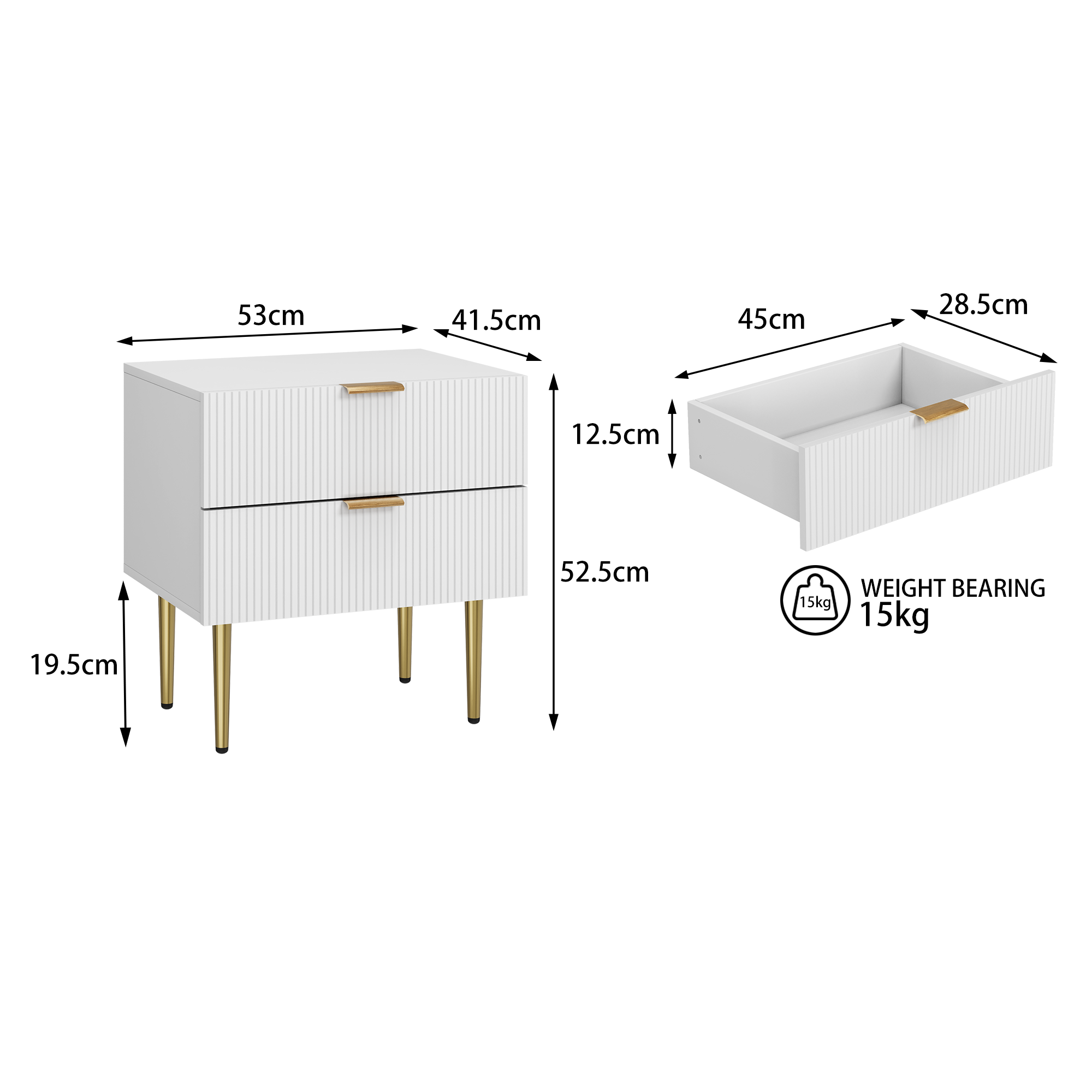 Table de chevet, avec tiroirs, 53 x 41,3 x 52,5 cm, panneaux de particules et métal, blanc - vue 2
