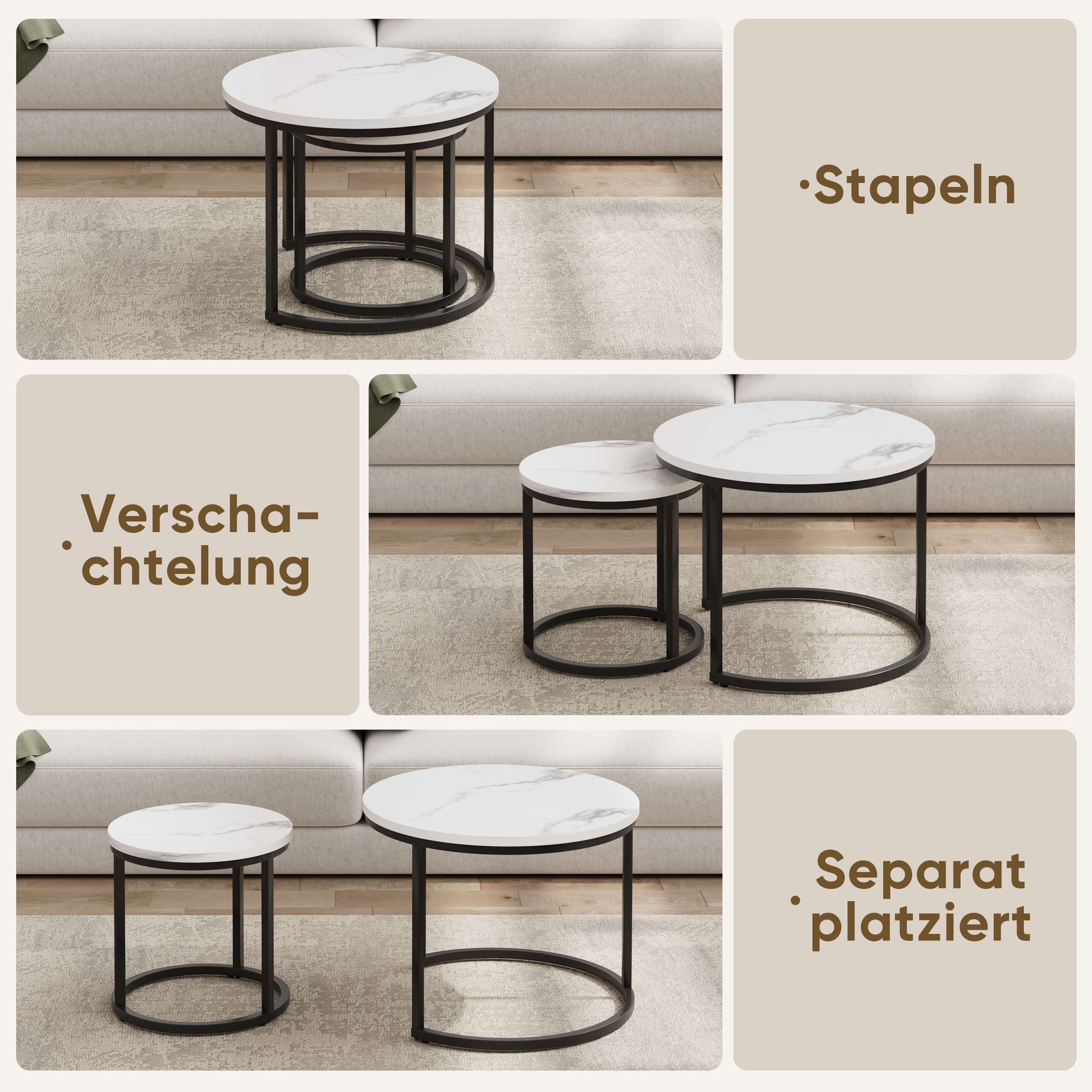 Tables gigognes rondes design moderne, cadre métal noir mat, plateau aspect bois, ensemble grande et petite table, gain de place, pour salon style industriel et minimaliste, utilisation multifonctionnelle - image 1