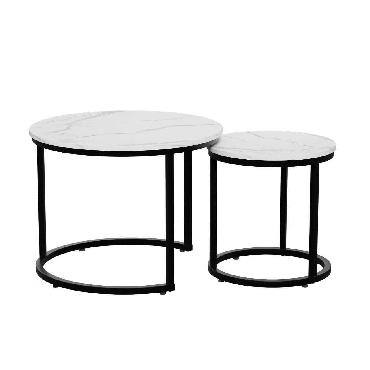 Tables gigognes rondes design moderne, cadre métal noir mat, plateau aspect bois, ensemble grande et petite table, gain de place, pour salon style industriel et minimaliste, utilisation multifonctionnelle - image 6