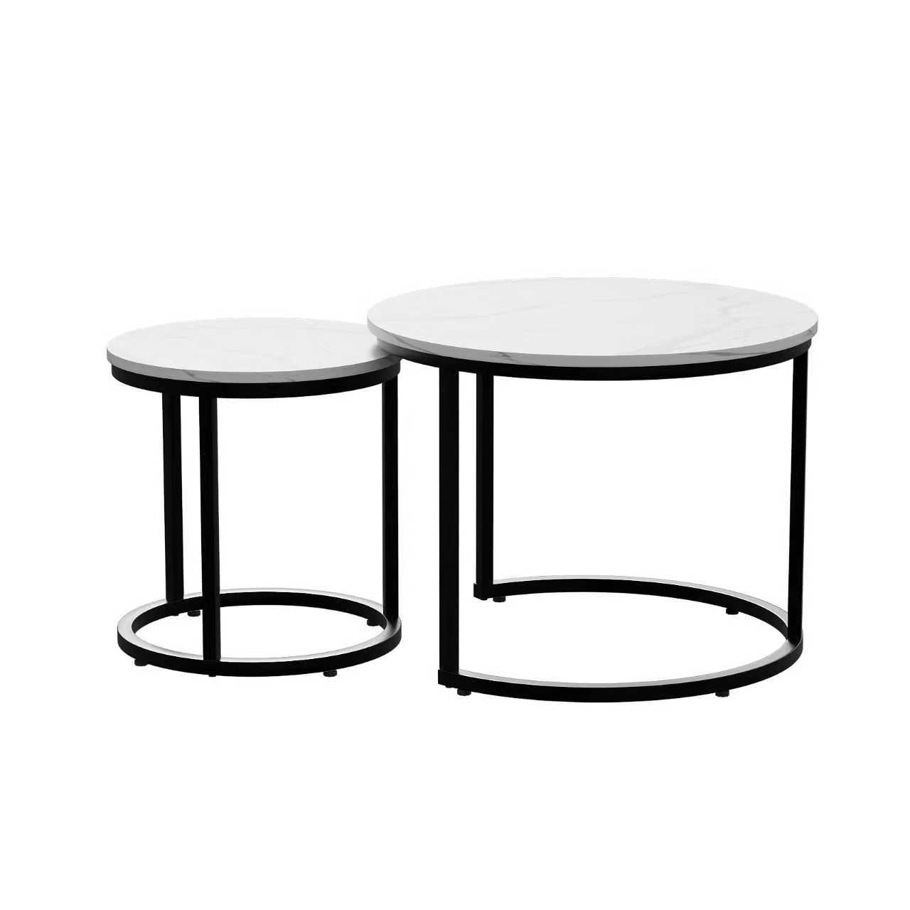 Tables gigognes rondes design moderne, cadre métal noir mat, plateau aspect bois, ensemble grande et petite table, gain de place, pour salon style industriel et minimaliste, utilisation multifonctionnelle - image 7