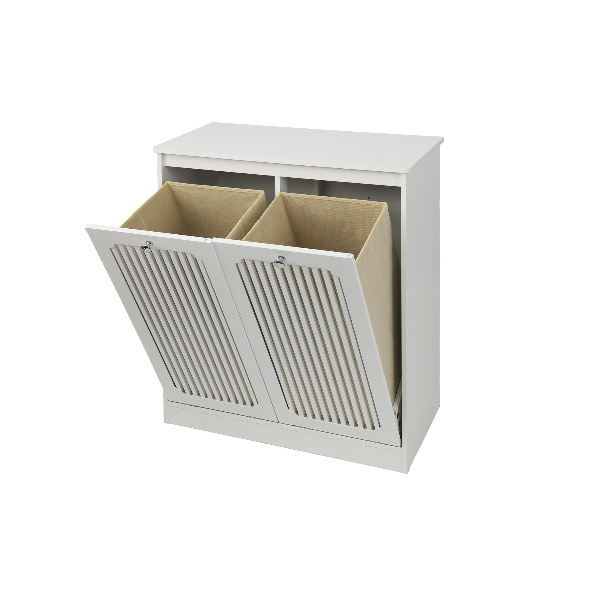 Meuble à linge 66 x 35 x 76 cm, 2 compartiments textiles, façade à lamelles basculante, MDF et panneaux de particules, Blanc - vue complémentaire