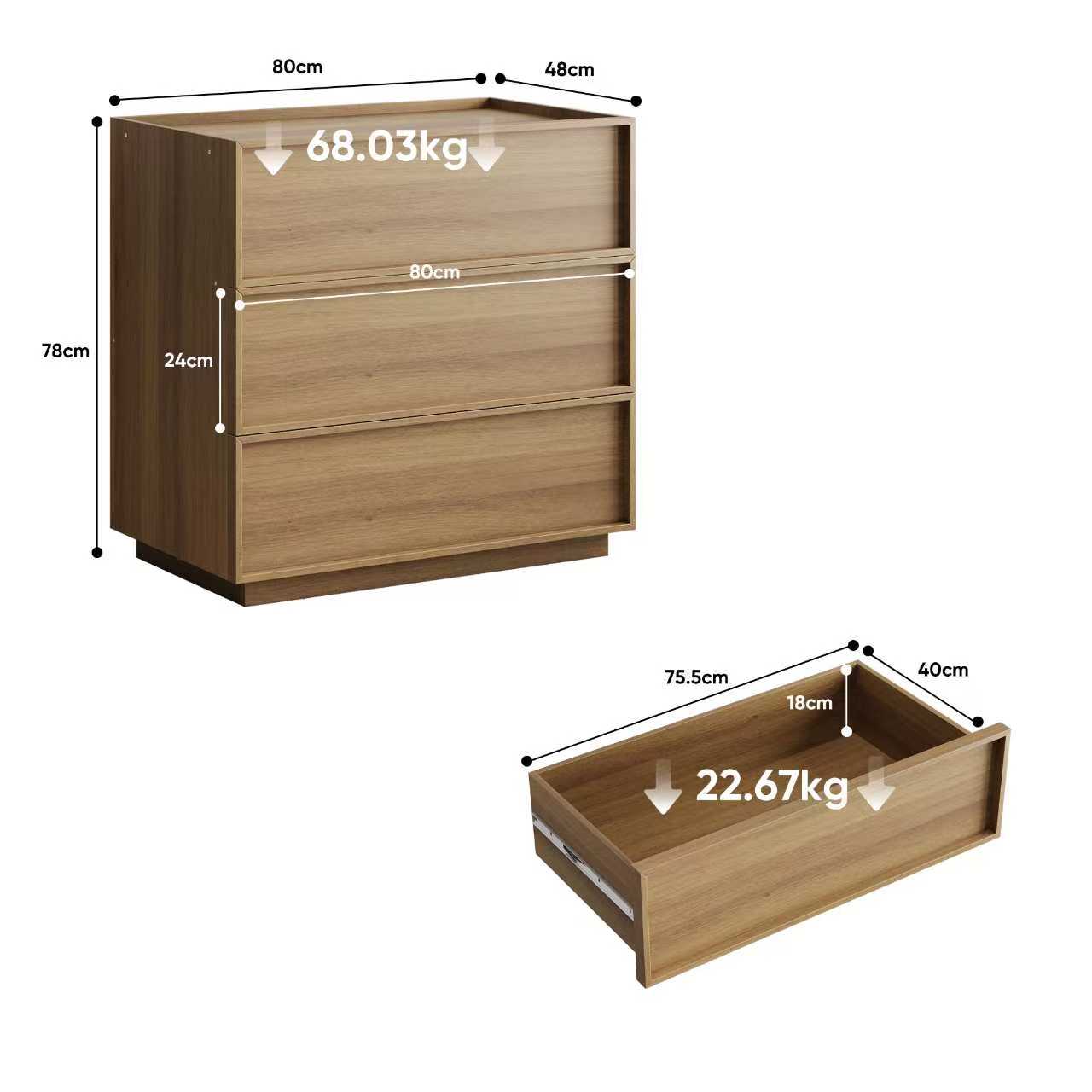 Armoire-penderie, avec tiroirs, 80 x 48 x 78 cm, panneaux de particules et bois, chêne - vue 1