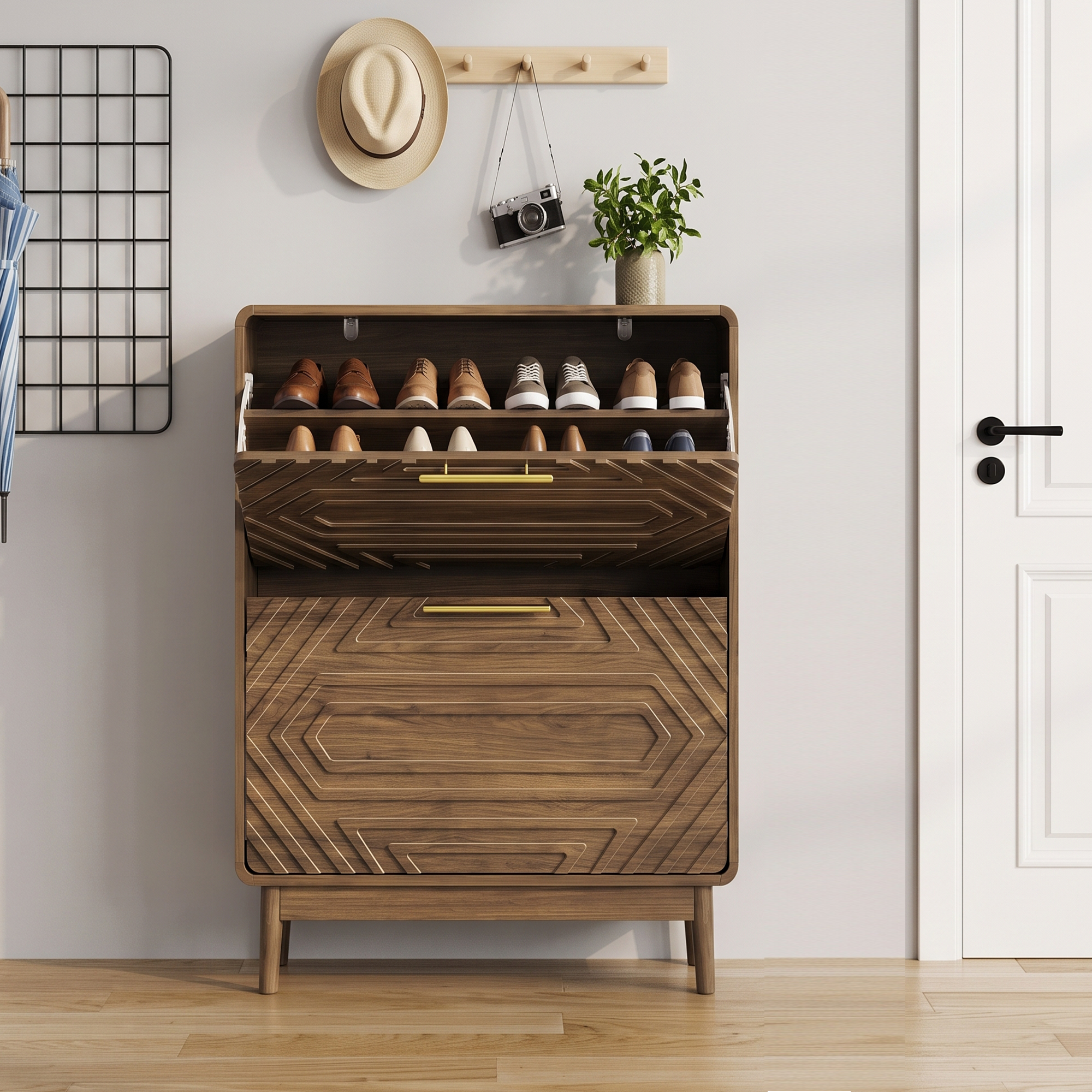 Meuble à chaussures, structure pliante, 60 x 24 x 95 cm, bois et MDF, noyer - vue 5
