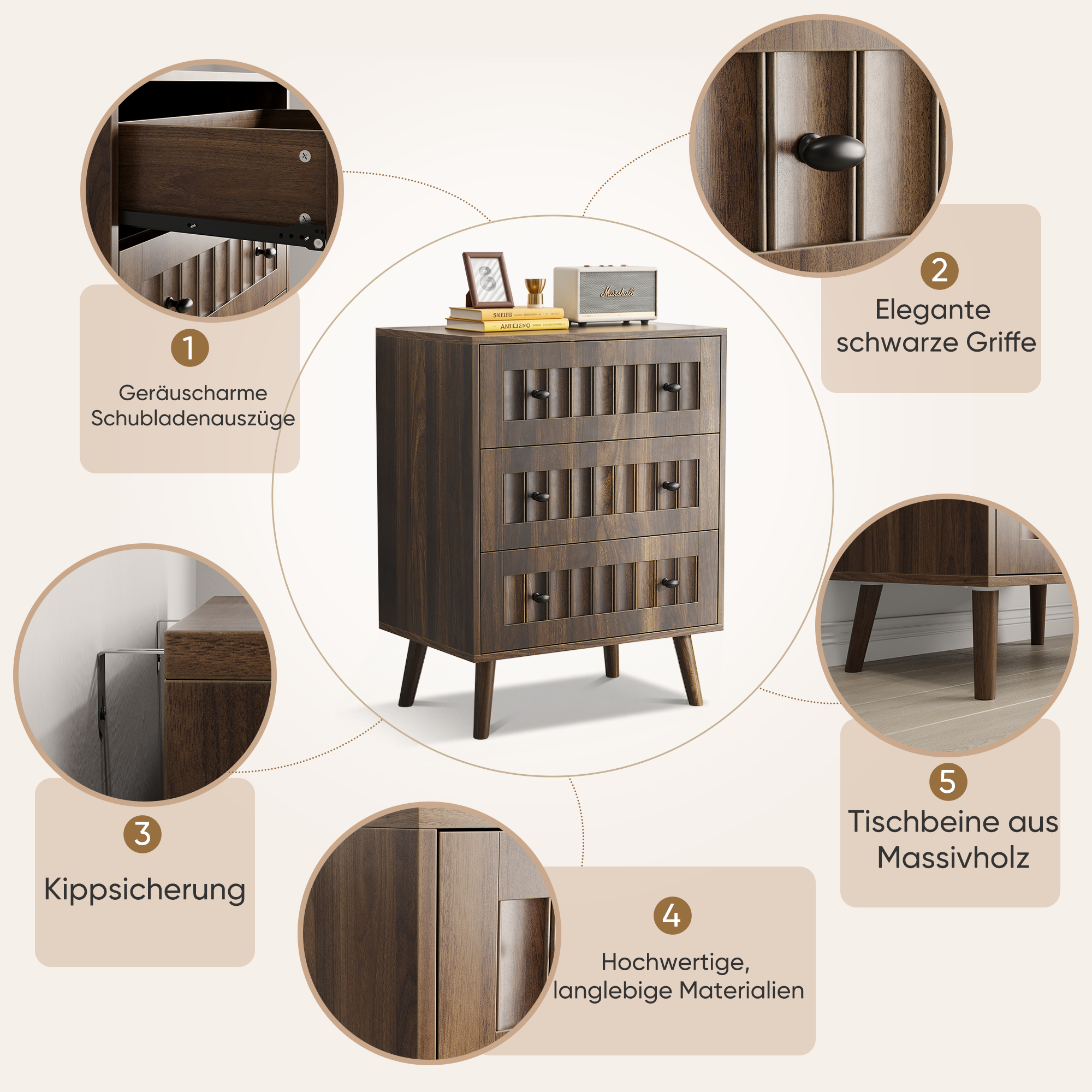 Armoire-penderie, avec tiroirs, 60 x 40 x 78 cm, bois et MDF, noyer - vue 5