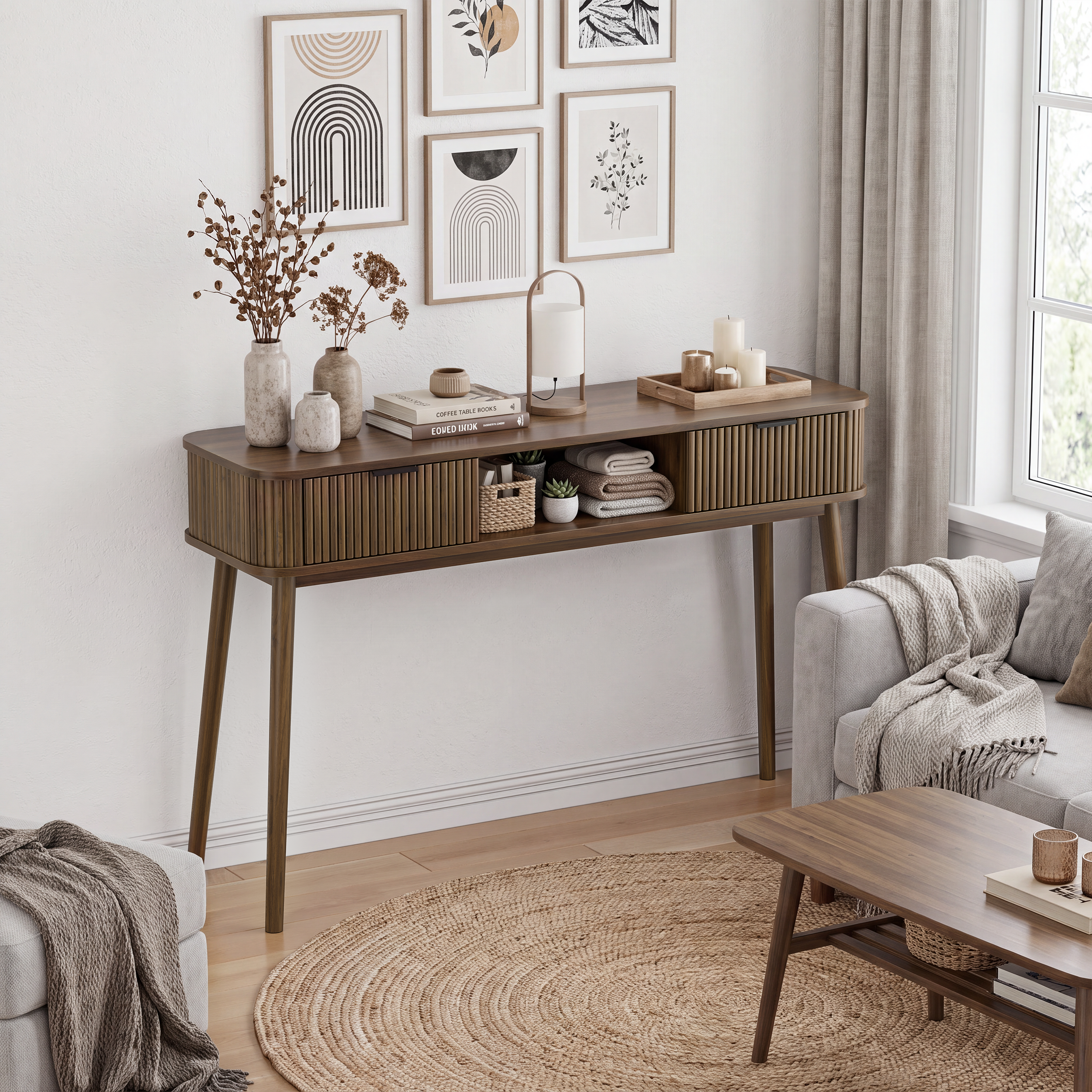 Bureau, avec tiroirs, 120 x 35 x 77,6 cm, panneaux de particules et MDF, noyer - vue 3