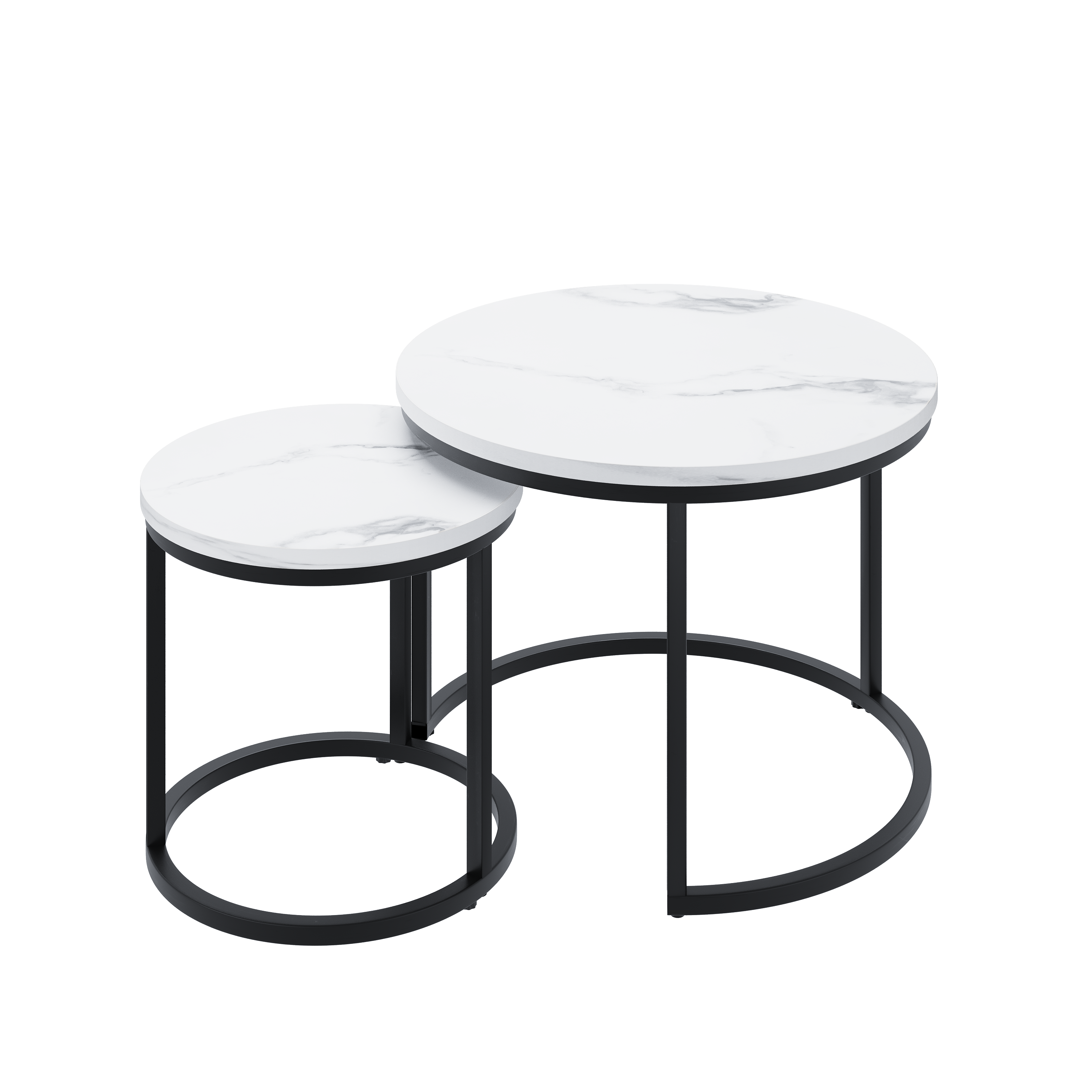 Tables gigognes rondes design moderne, cadre métal noir mat, plateau aspect bois, ensemble grande et petite table, gain de place, pour salon style industriel et minimaliste, utilisation multifonctionnelle - image 3