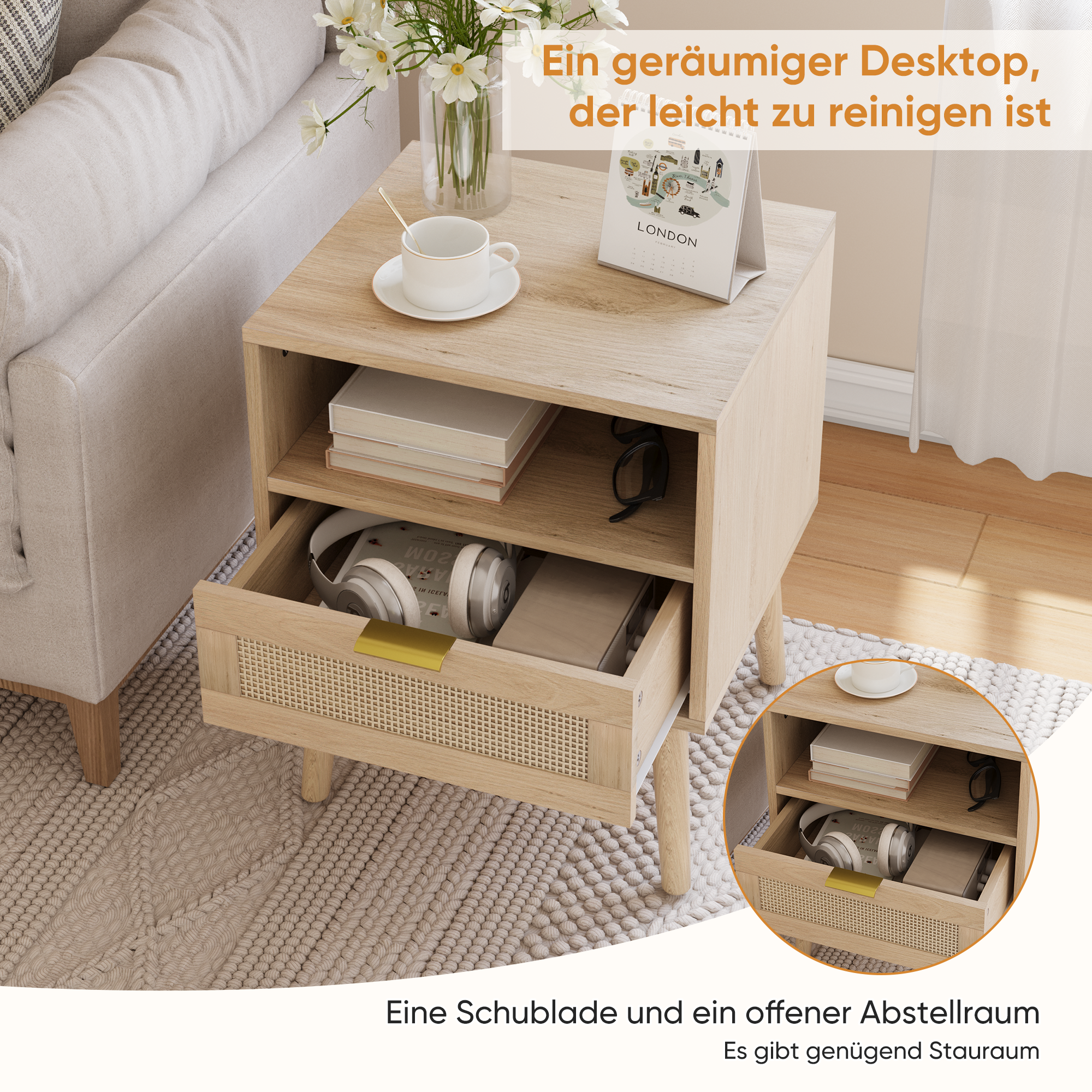 design rotin : table de chevet en bois style bohème, charme romantique pour la chambre