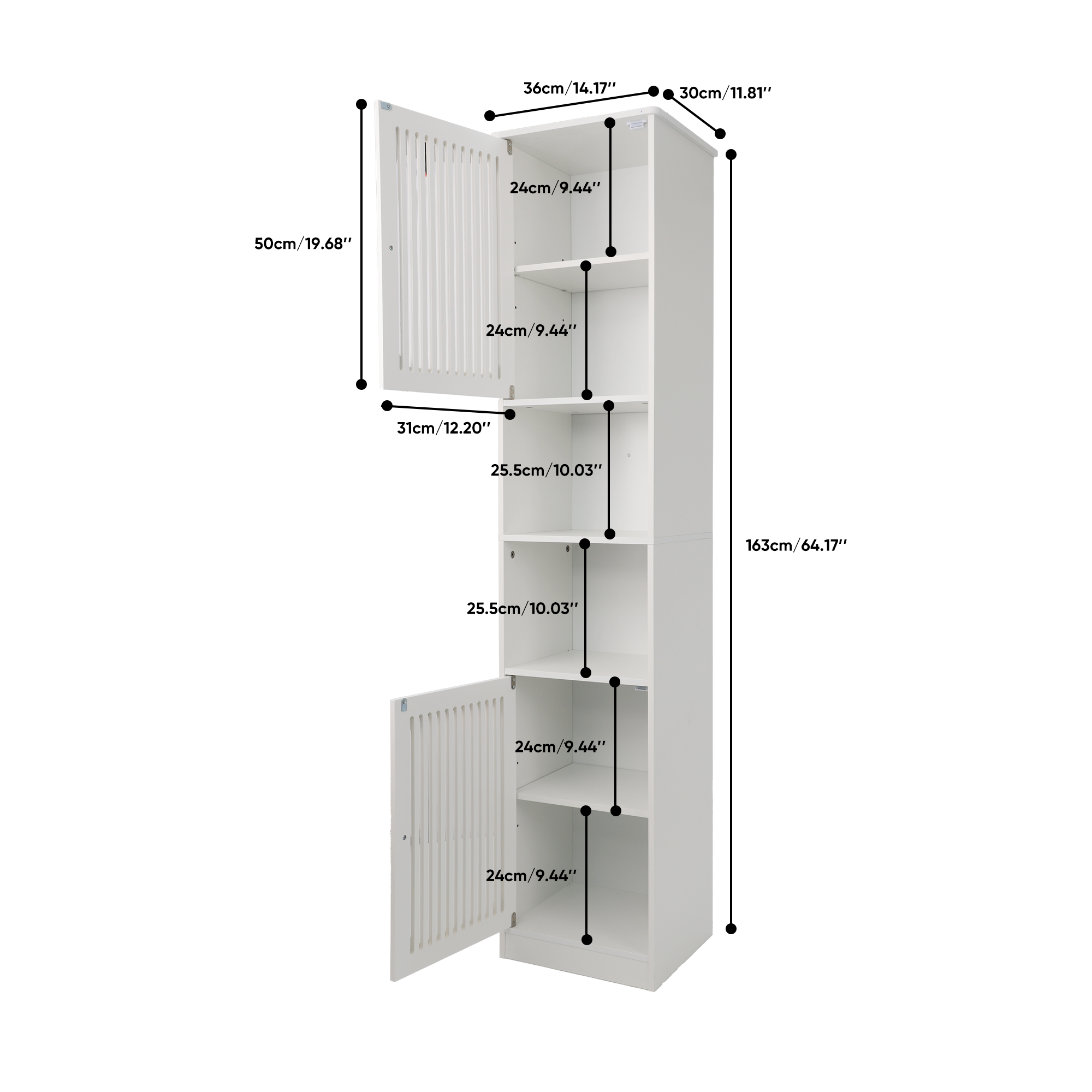 Meuble de salle de bains 36 x 30 x 163 cm, façade à lamelles, étagères réglables, MDF et panneaux de particules, Blanc - détails