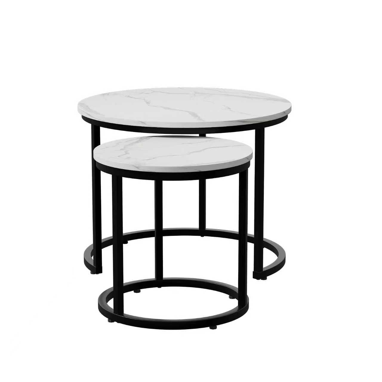 Tables gigognes rondes design moderne, cadre métal noir mat, plateau aspect bois, ensemble grande et petite table, gain de place, pour salon style industriel et minimaliste, utilisation multifonctionnelle - image 4