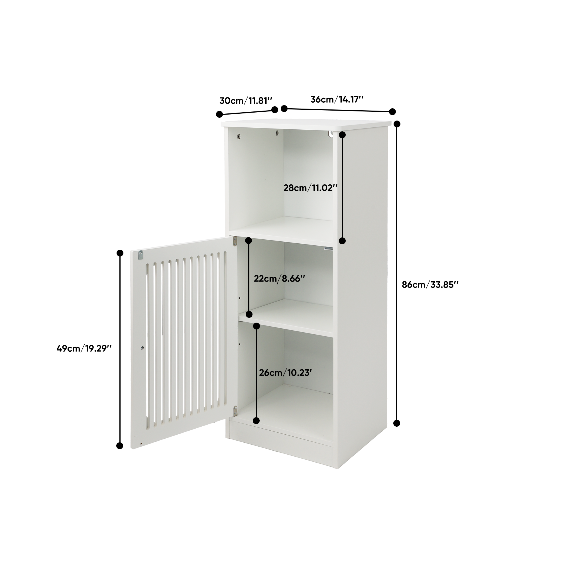 Meuble de salle de bains 36 x 30 x 86 cm, façade à lamelles, étagères réglables, MDF et panneaux de particules, Blanc - détails