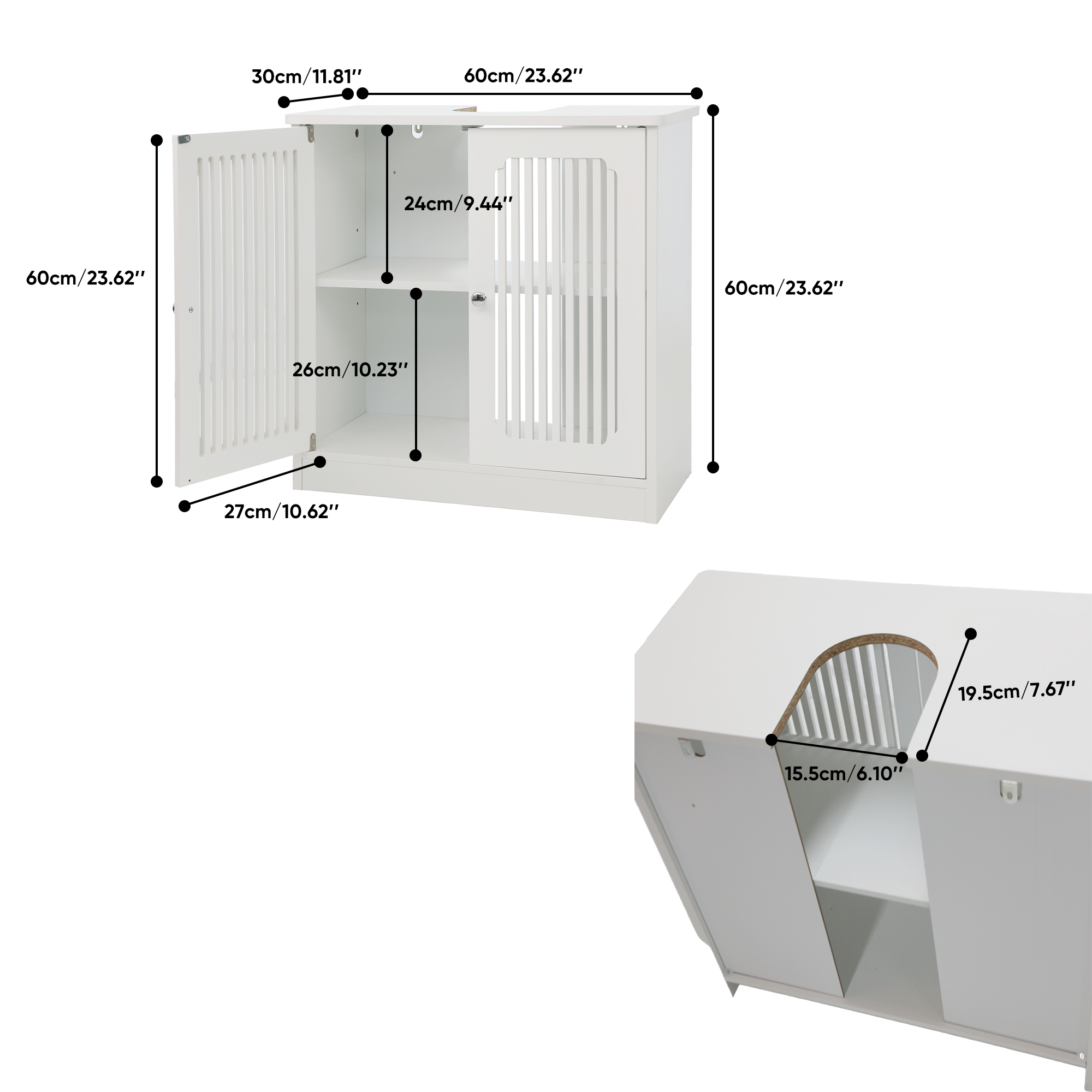 Meuble sous-vasque de salle de bains 60 x 30 x 60 cm, façade à lamelles, étagères réglables, panneaux de particules, Blanc - détails