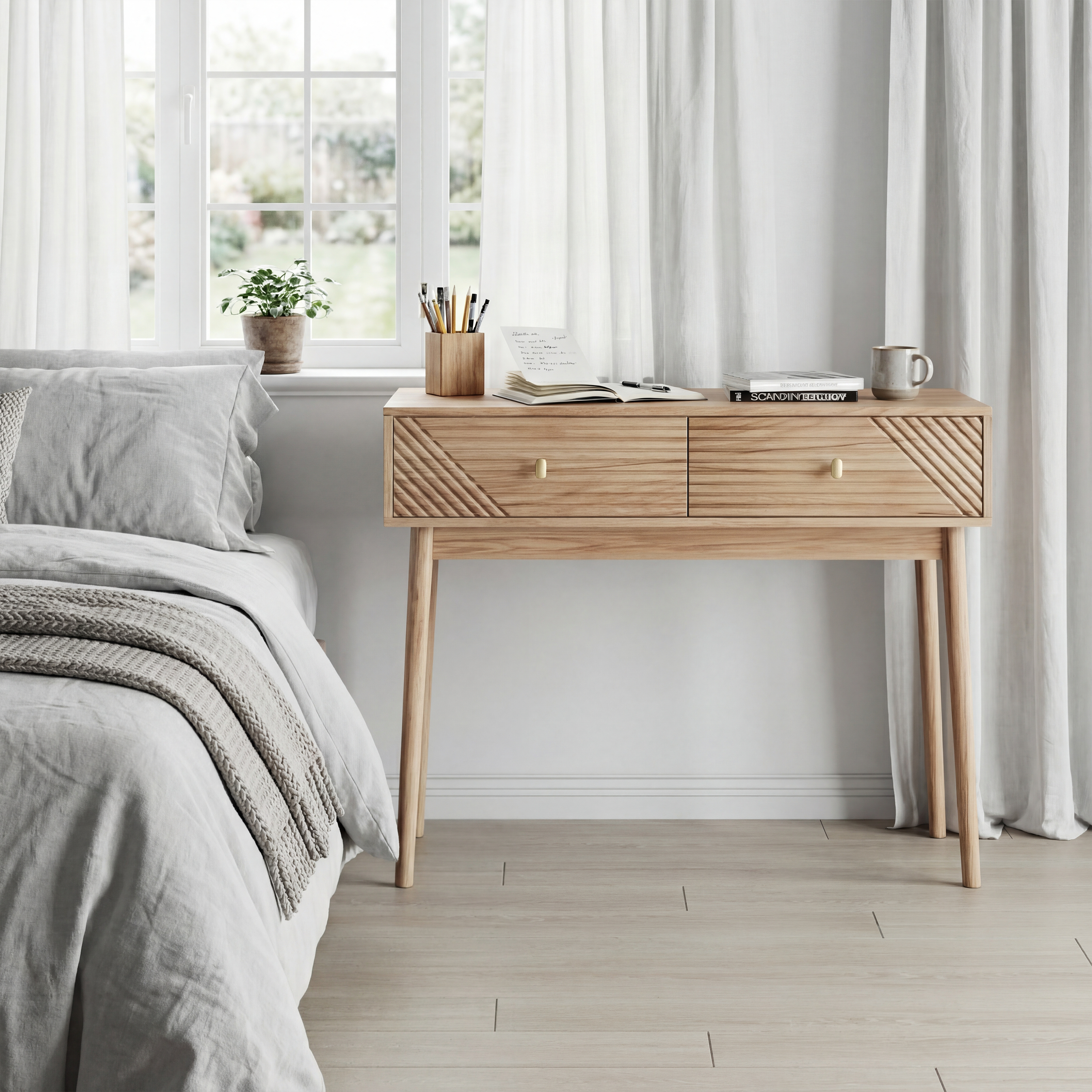 Console avec rangement, 100 x 35 x 80 cm, MDF et panneaux de particules, chêne - vue 4