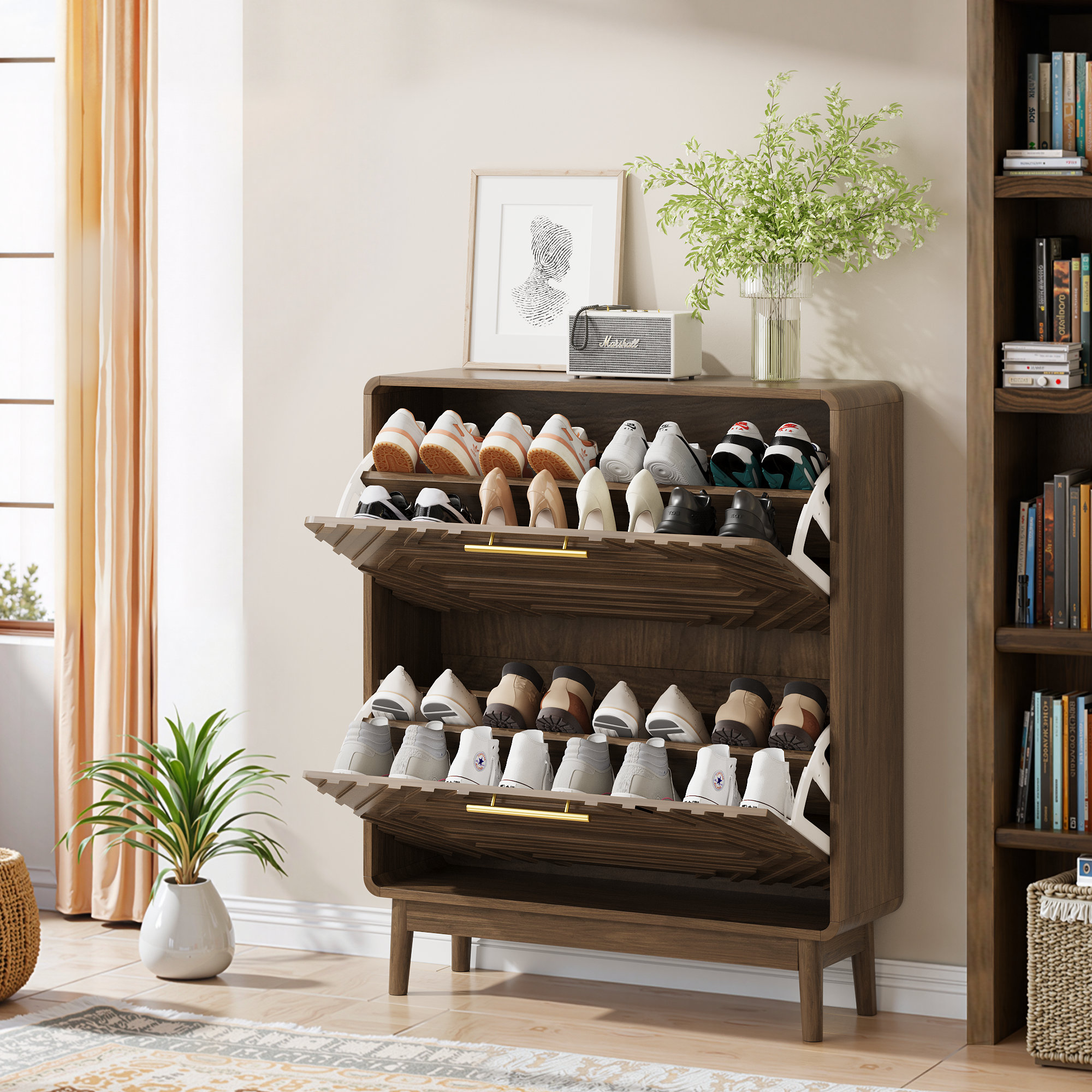 Meuble à chaussures, structure pliante, rangement intégré, avec tiroirs, 80 x 24 x 95 cm, bois et MDF, noyer - vue 4