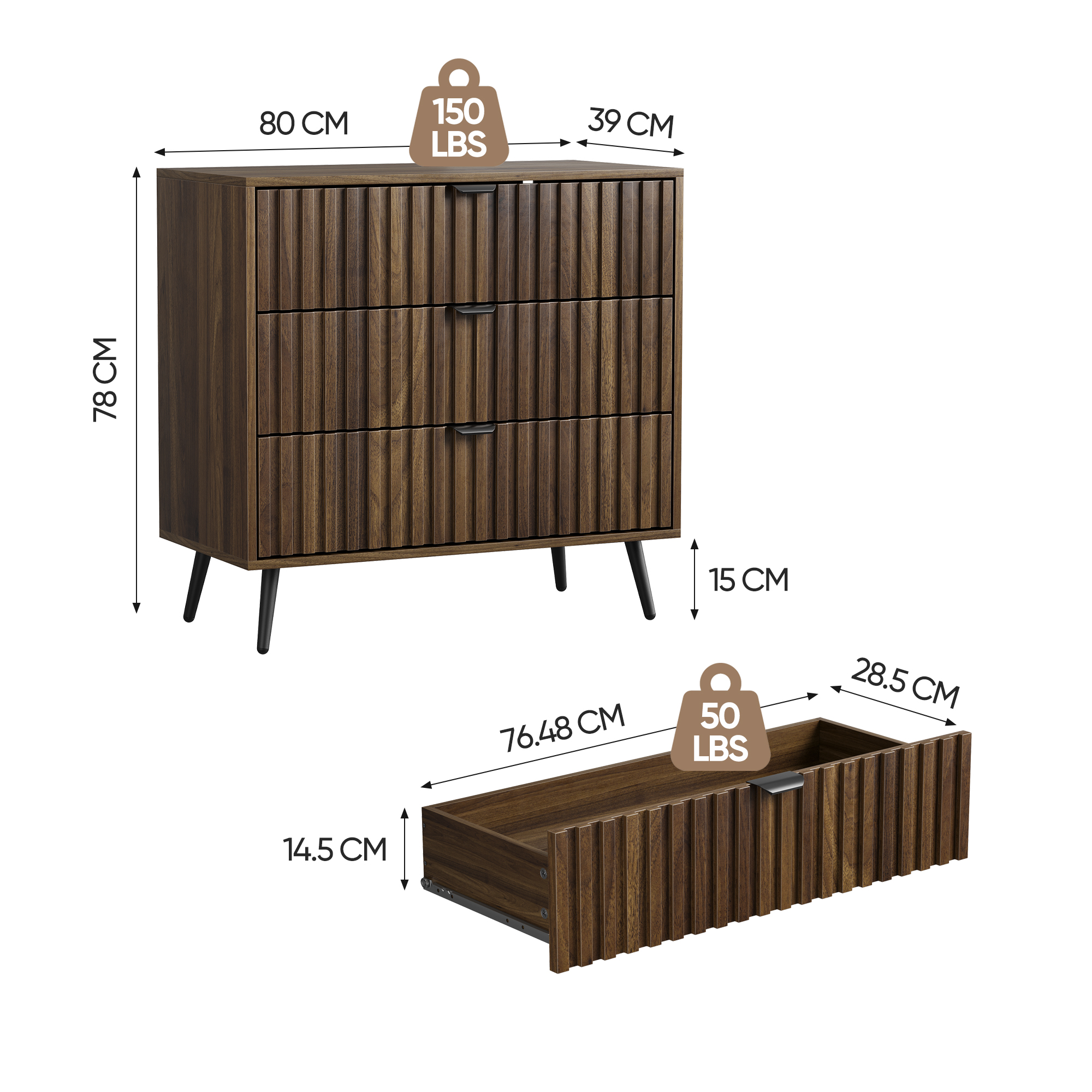 Commode, 3 tiroirs, 80 x 38 x 78 cm, MDF, noyer - vue 2