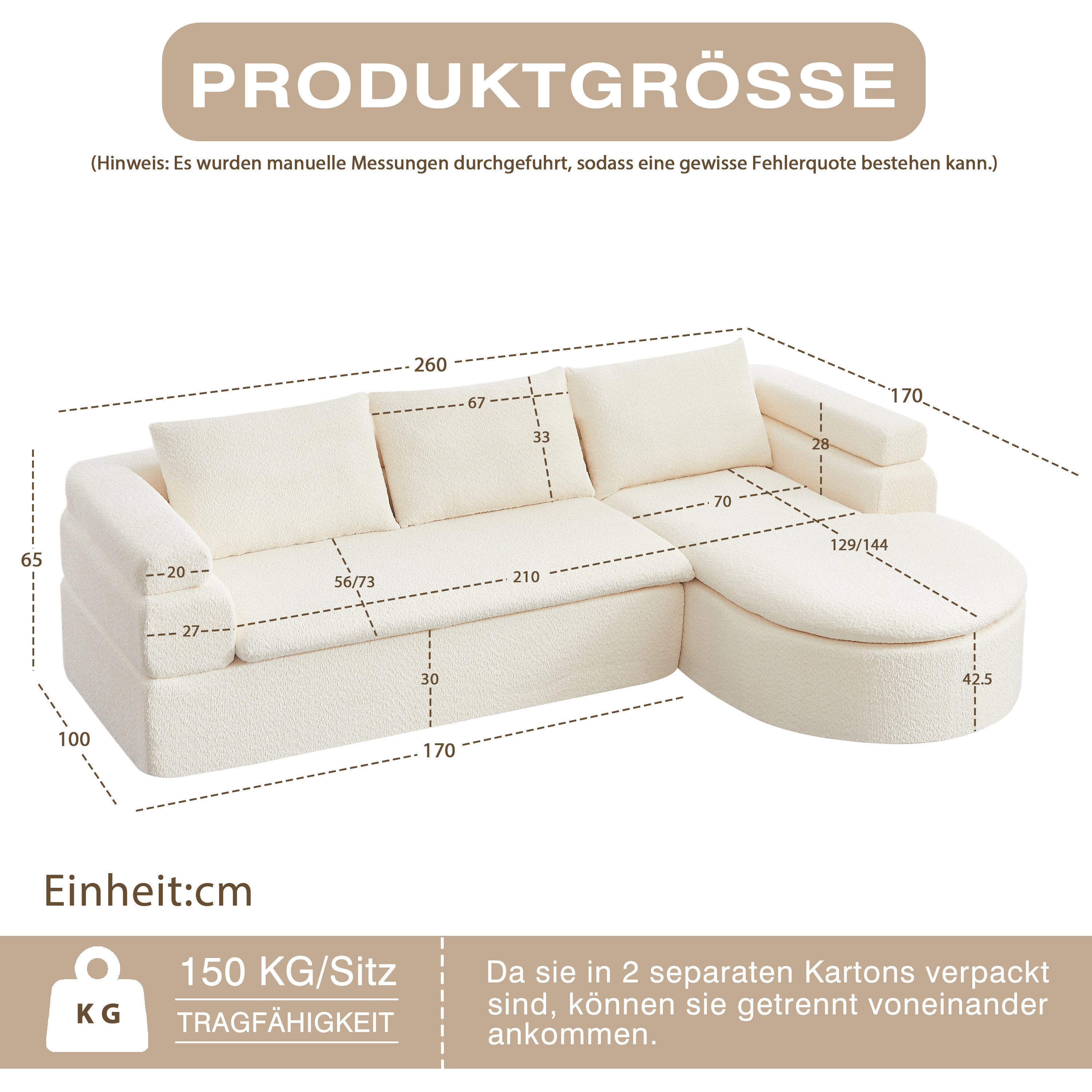 Canapé d’angle modulable en L 3 places, Chenille, beige - spécifications 1
