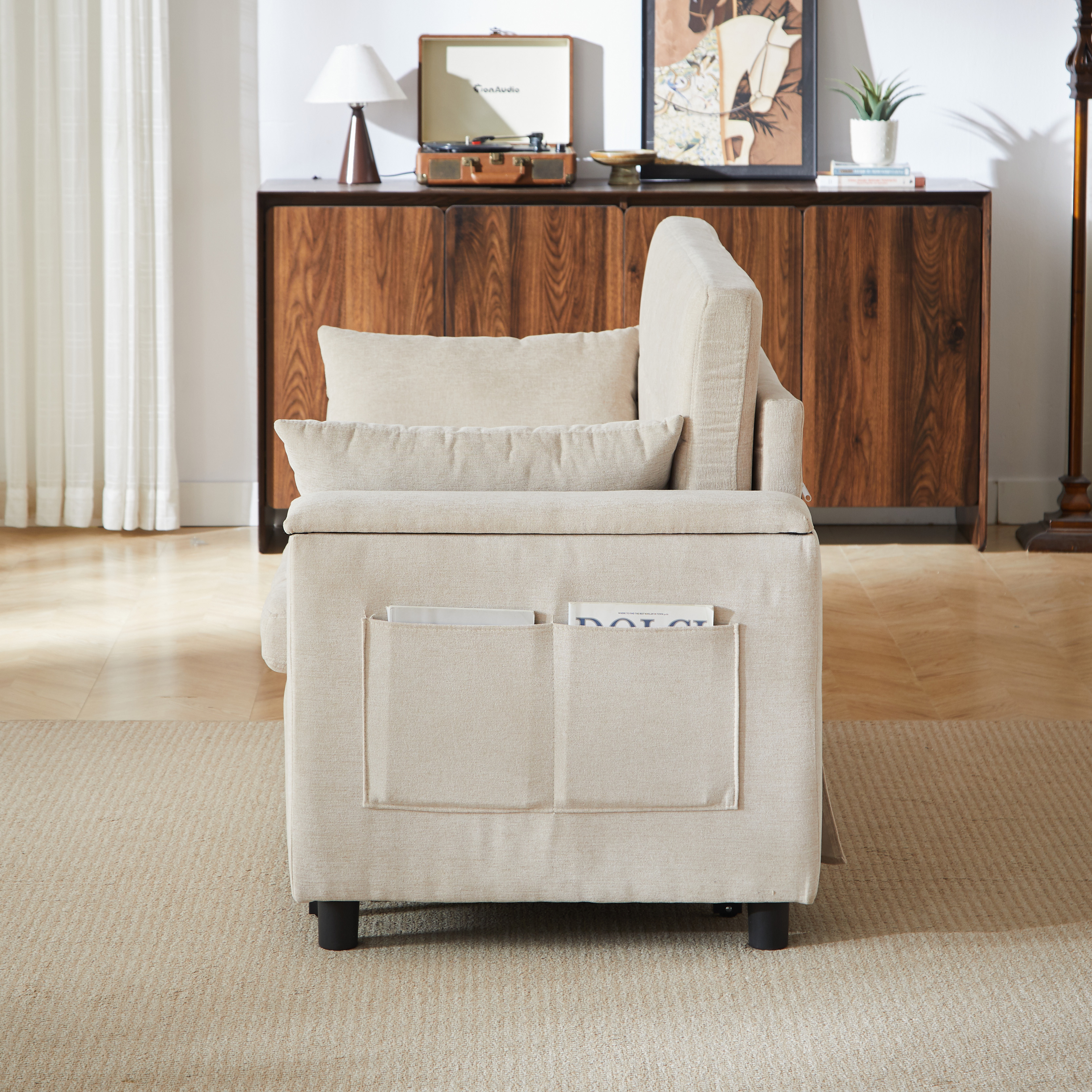 Canapé convertible 2 places 148,6 x 81,3 x 86,4 cm, avec rangement, Chenille, beige - présentation 1