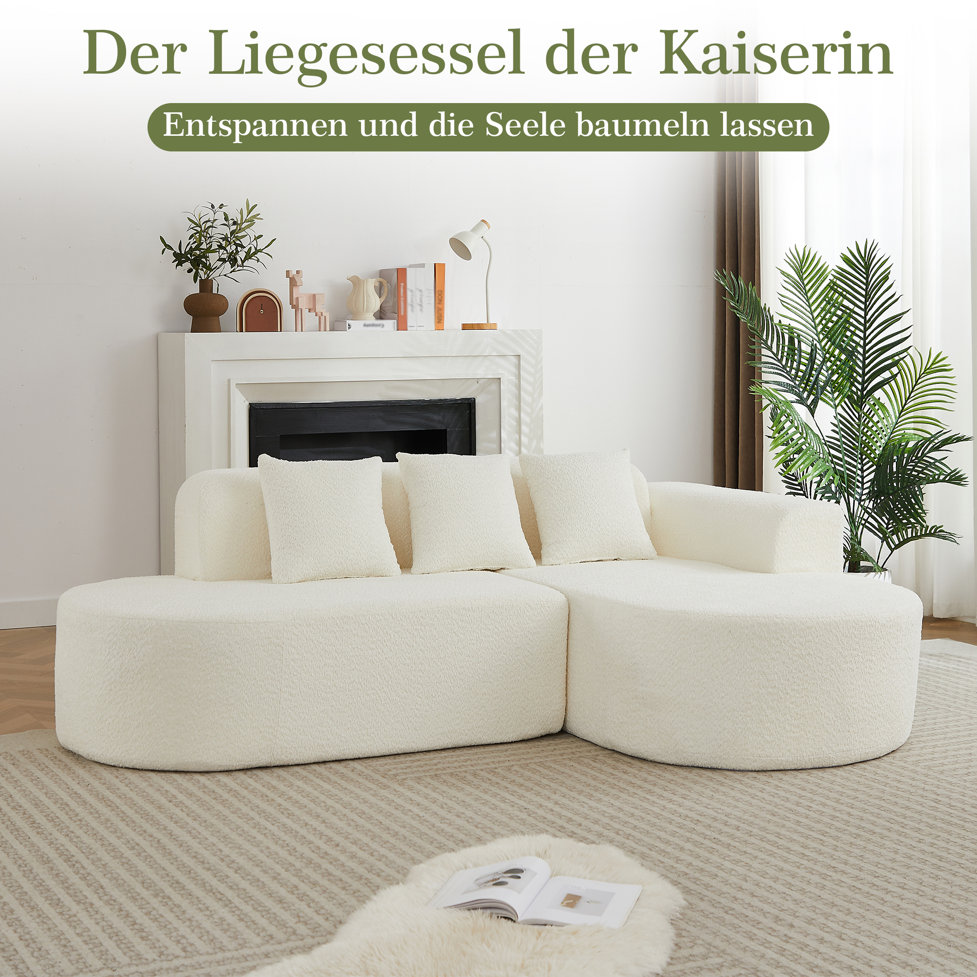 Canapé d’angle beige en tissu chenille avec méridienne droite