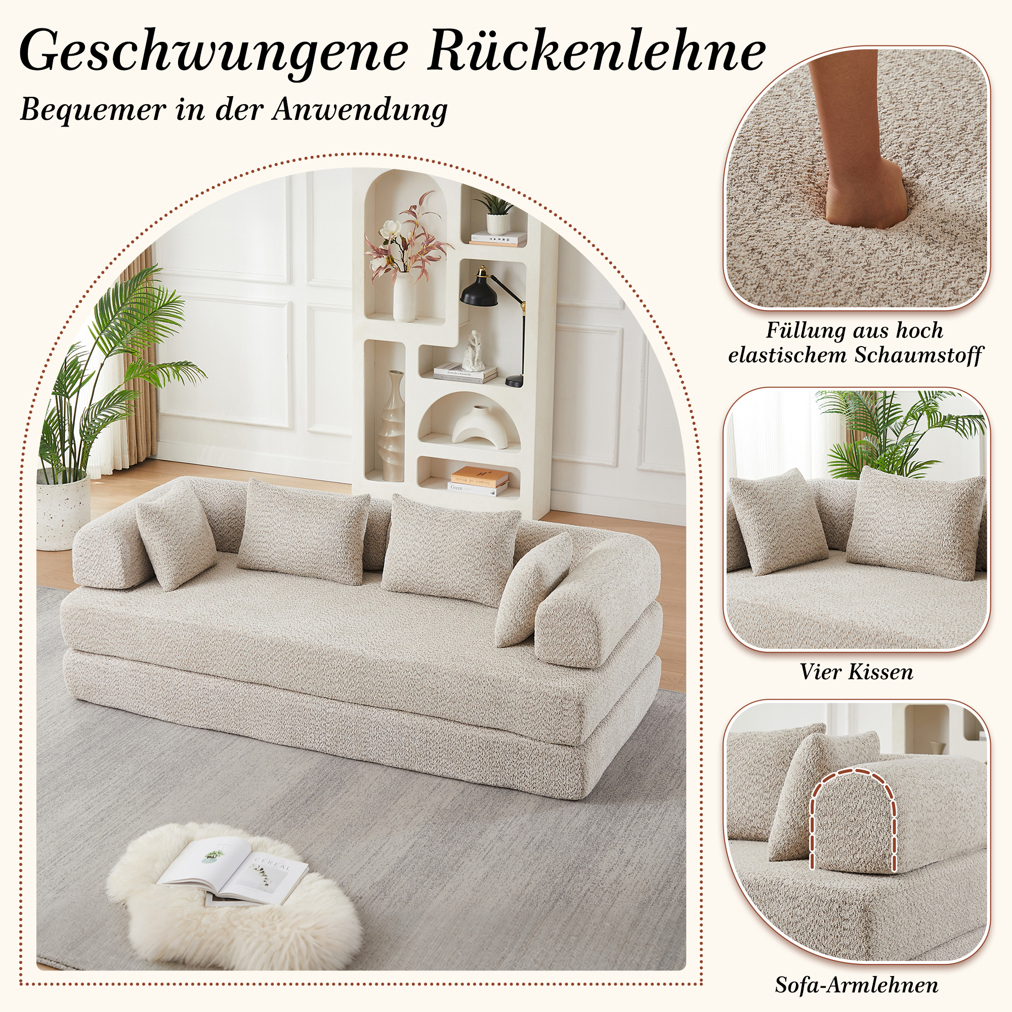 Détails du canapé convertible modulable en chenille Beige avec 4 coussins