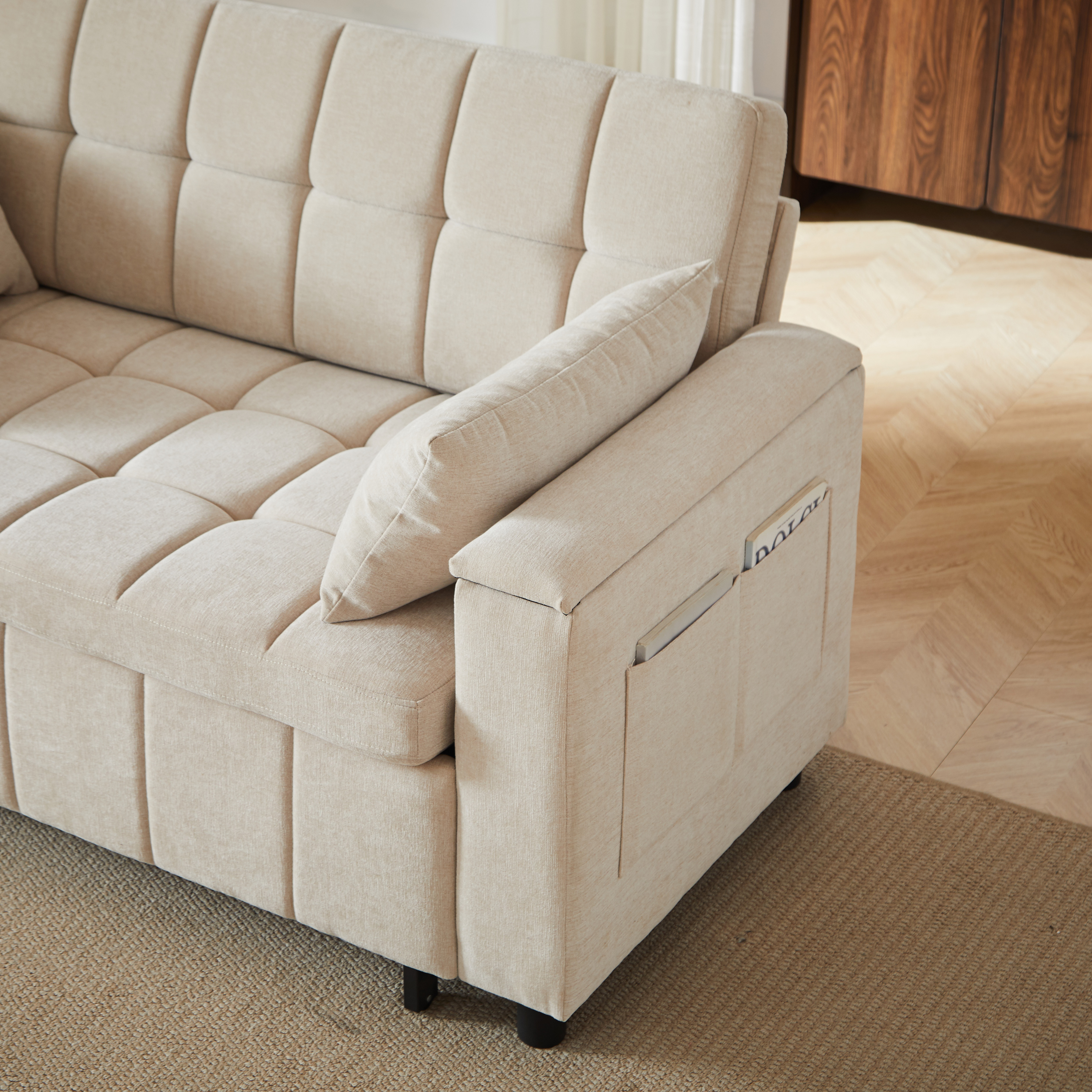 Canapé convertible 2 places 148,6 x 81,3 x 86,4 cm, avec rangement, Chenille, beige - vue principale 1