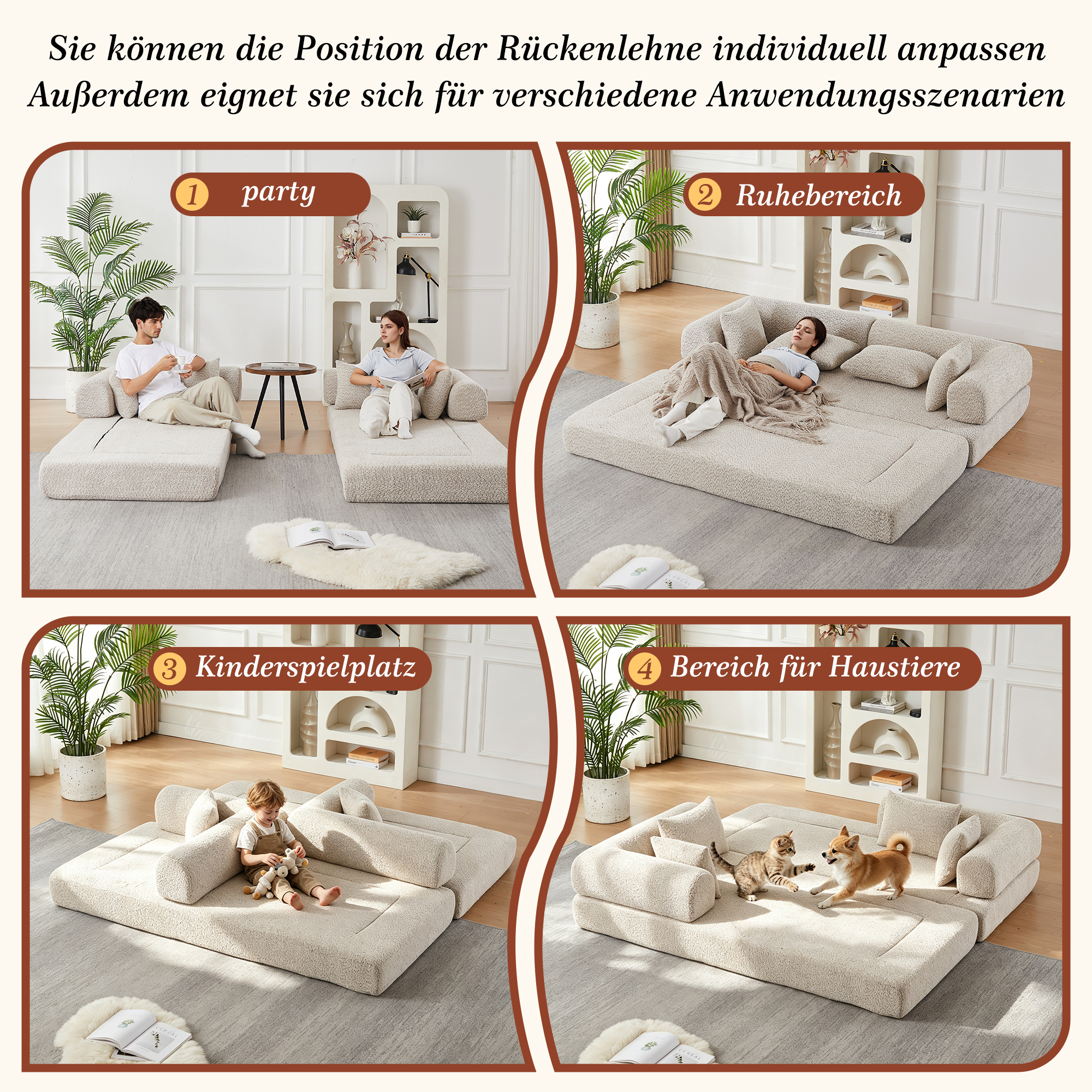 Canapé modulable 4-en-1 convertible en lit en chenille Beige avec dossier réglable