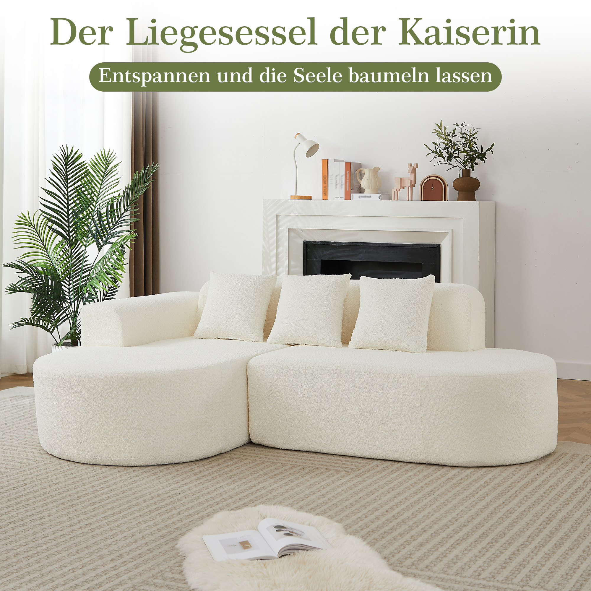 Canapé d’angle beige en tissu chenille avec méridienne gauche