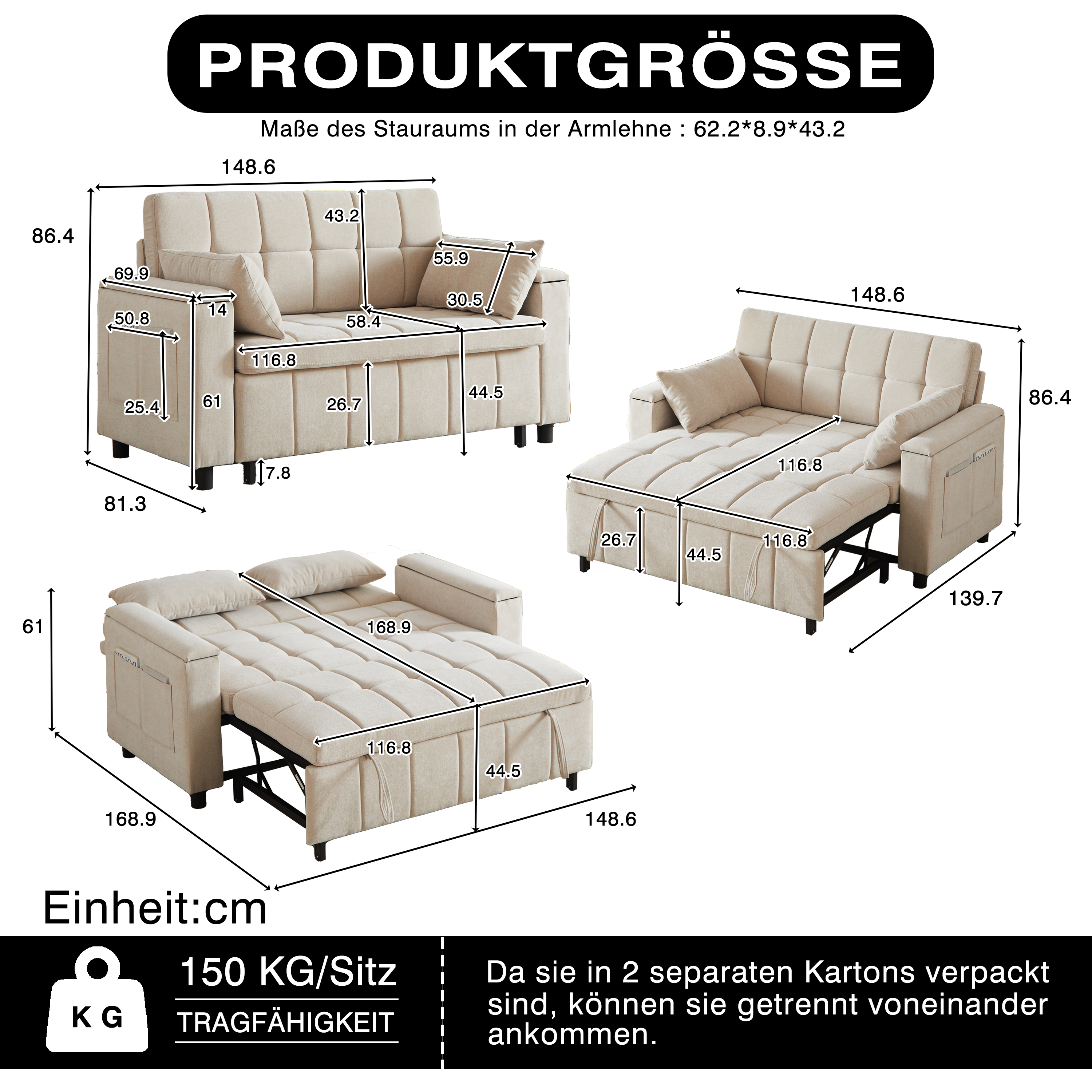 Canapé convertible 2 places 148,6 x 81,3 x 86,4 cm, avec rangement, Chenille, beige - spécifications 1