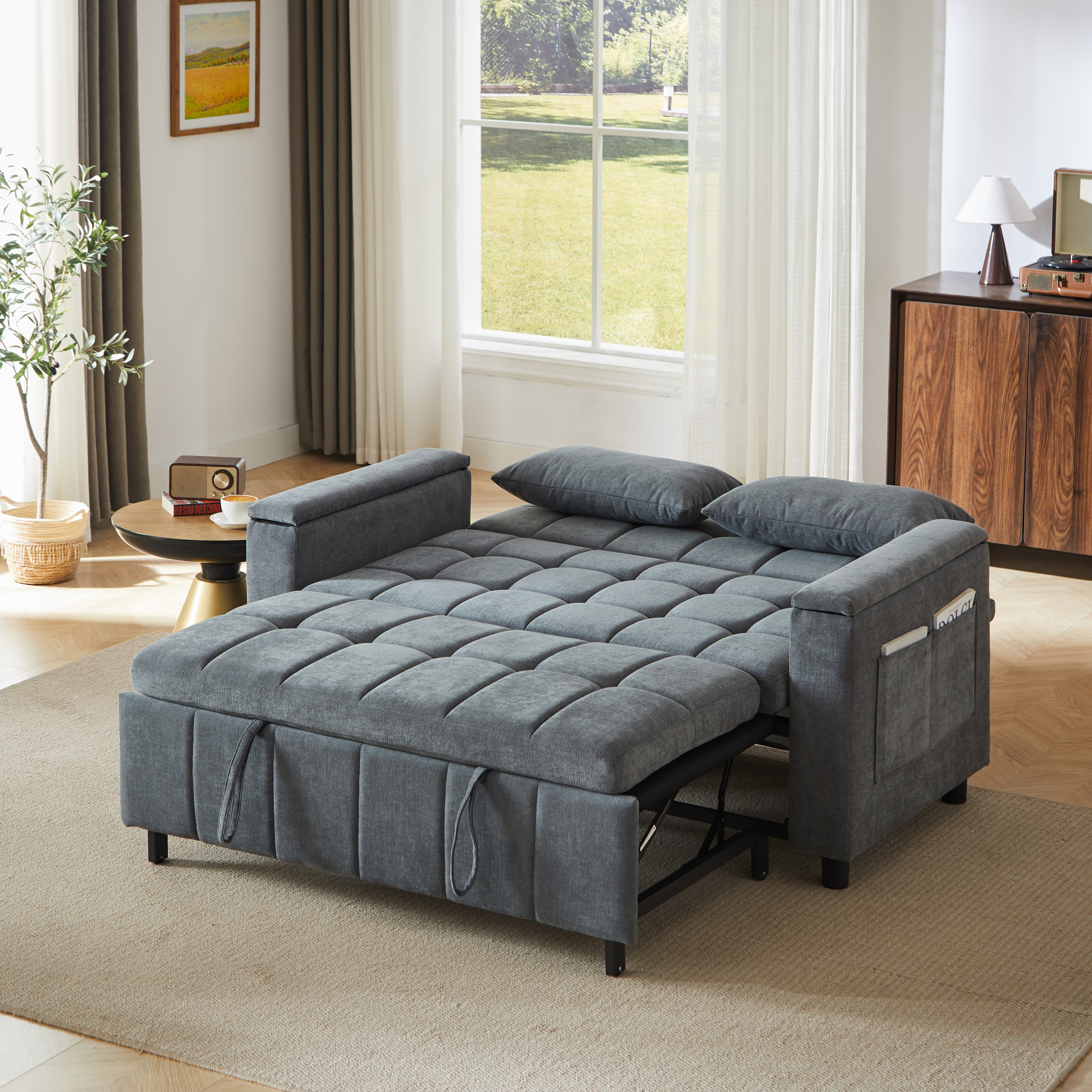 Canapé convertible 2 places 148,6 x 81,3 x 86,4 cm, avec rangement, Chenille, gris foncé - présentation 1