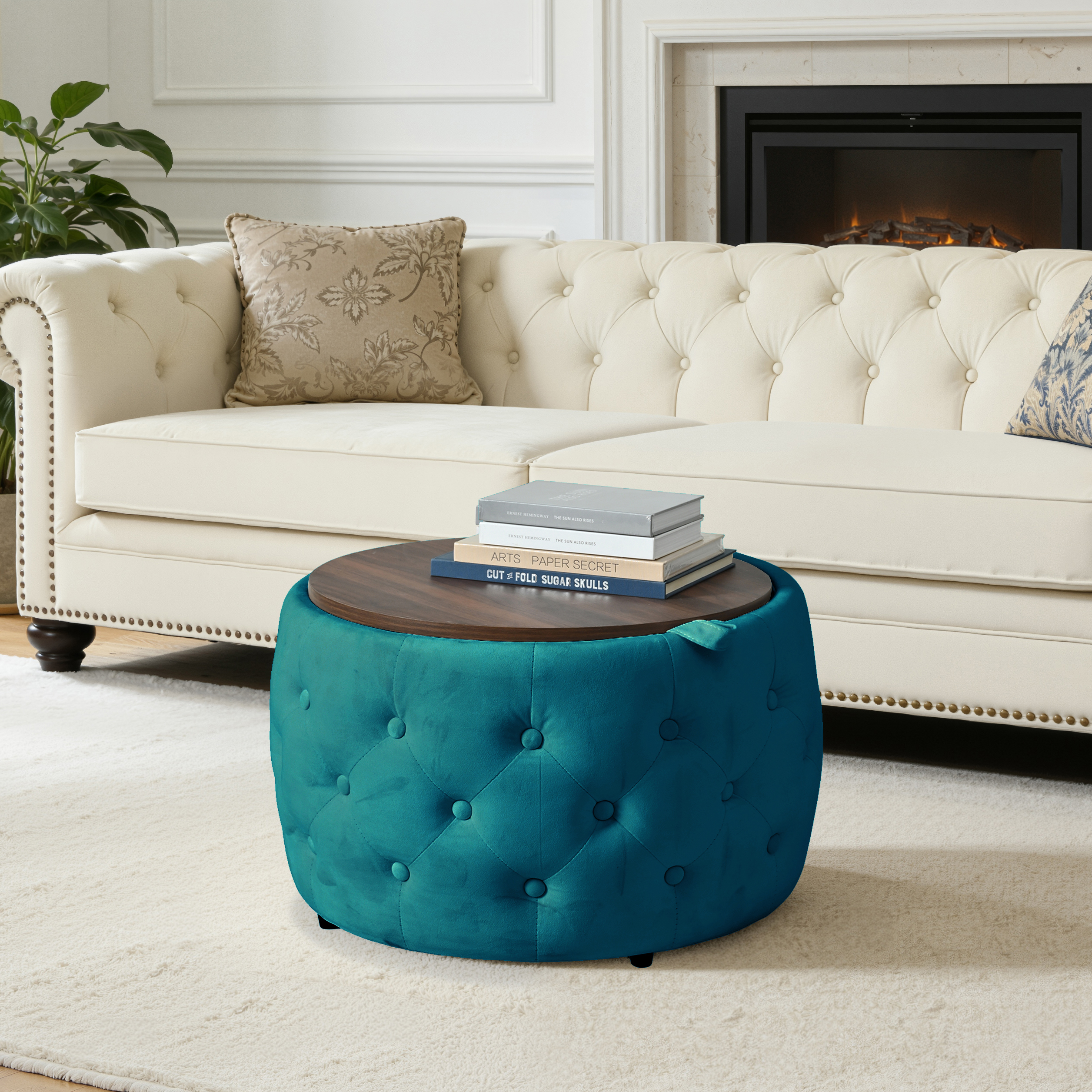 Ensemble de 2 poufs gigognes en velours, design 4-en-1, sert de banc de rangement, repose-pieds et table d'appoint avec plateau bois amovible, gain de place, pour salon et chambre, élégance et fonctionnalité - image 2